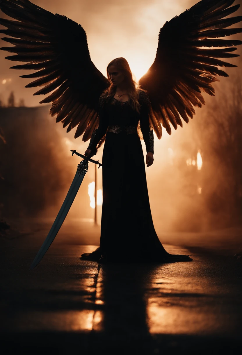 An angel with a burning sword and black wings, who is talking about a burning, utopiache Stadt fliegt.