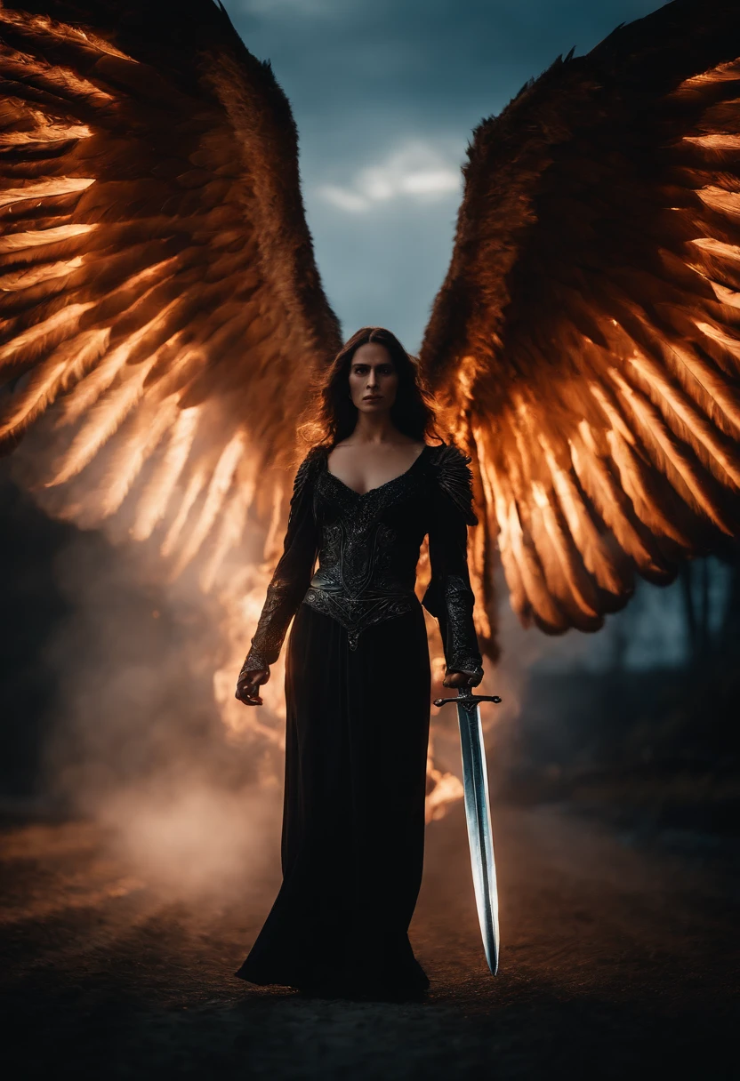An angel with a burning sword and black wings, who is talking about a burning, utopiache Stadt fliegt.