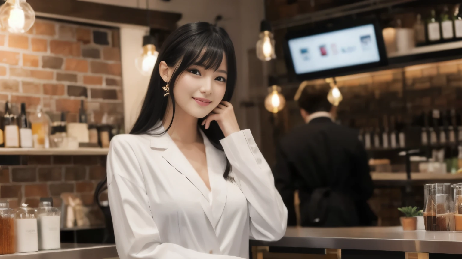 super high quality, Black Hair, Slender, Gravure photoshoot, The staff is working at the counter in the back., (8k、RAW Photos、highest quality、masterpiece:1.2), Stylish café, (Realistic、Photorealistic:1.37), Beautiful Face , Normal chest, Urban Cafe, Golden Ratio, Raw photo, musician, Blurred Background, curl, Spring Clothes, suit, 30 years old, Neat clothes,