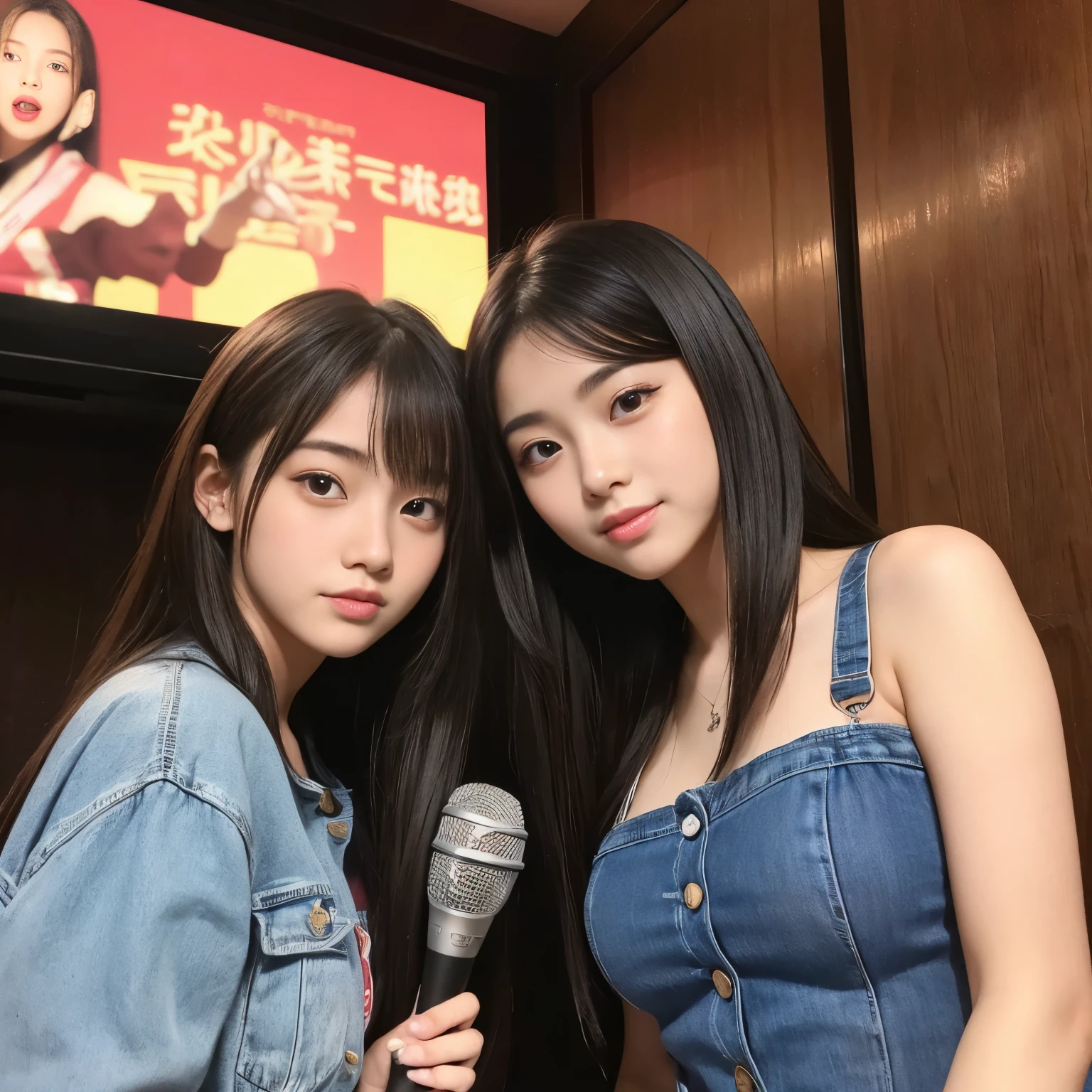 Best-quality, Masterpiece, Ultra-High-Resolution, (Photorealistic:1.4), Raw-Photo, 2girls, photo of 15-years-old the most famous Japanese idol and 25-years-old the most famous Japanese actress are having a lot of fun in KARAOKE room, singing, They all are wearing casual clothes. They are drunk. ((They have different faces. They have extremely cute face and extremely beautiful face. ((They have extremely beautiful eyes and extremely beautiful skins)). They have different hairstyle. They have extremely beautiful hair)). They have extremely beautiful long-eyelashes and extremely beautiful lips.