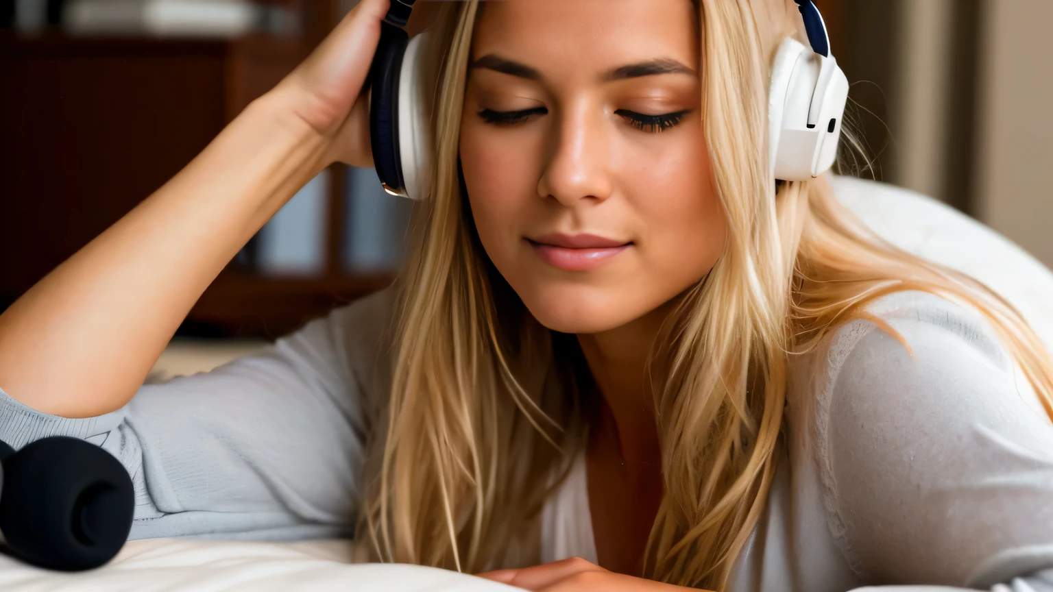 blond woman with headphones resting on a bed with her eyes closed, listen to music, listen to music at 2 am, girl wearing headphones, zur Musik vibrieren, with headphones, very nice photo, nice realistic photo, mit headphonesn, Divine listen to music, entspannend mood, wearing headphones, headphones, ultrarealistisches Bild, Musikalbumcover, entspannend, Musikalbumcover