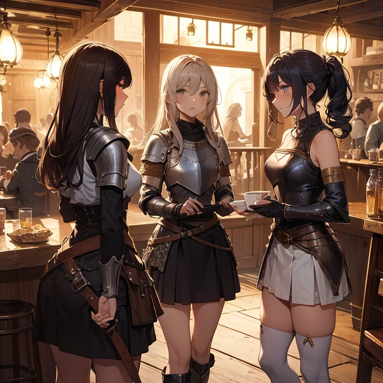 A group of  female medieval fantasy adventurers, (in tavern), various hair styles, harem, night, details face, short skirt, seducing, sleeveless, armor