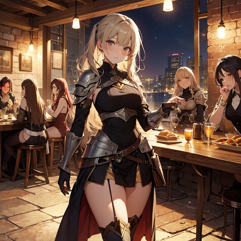 A group of  female medieval fantasy adventurers, (in tavern), various hair styles, harem, night, details face, short skirt, seducing, sleeveless, armor