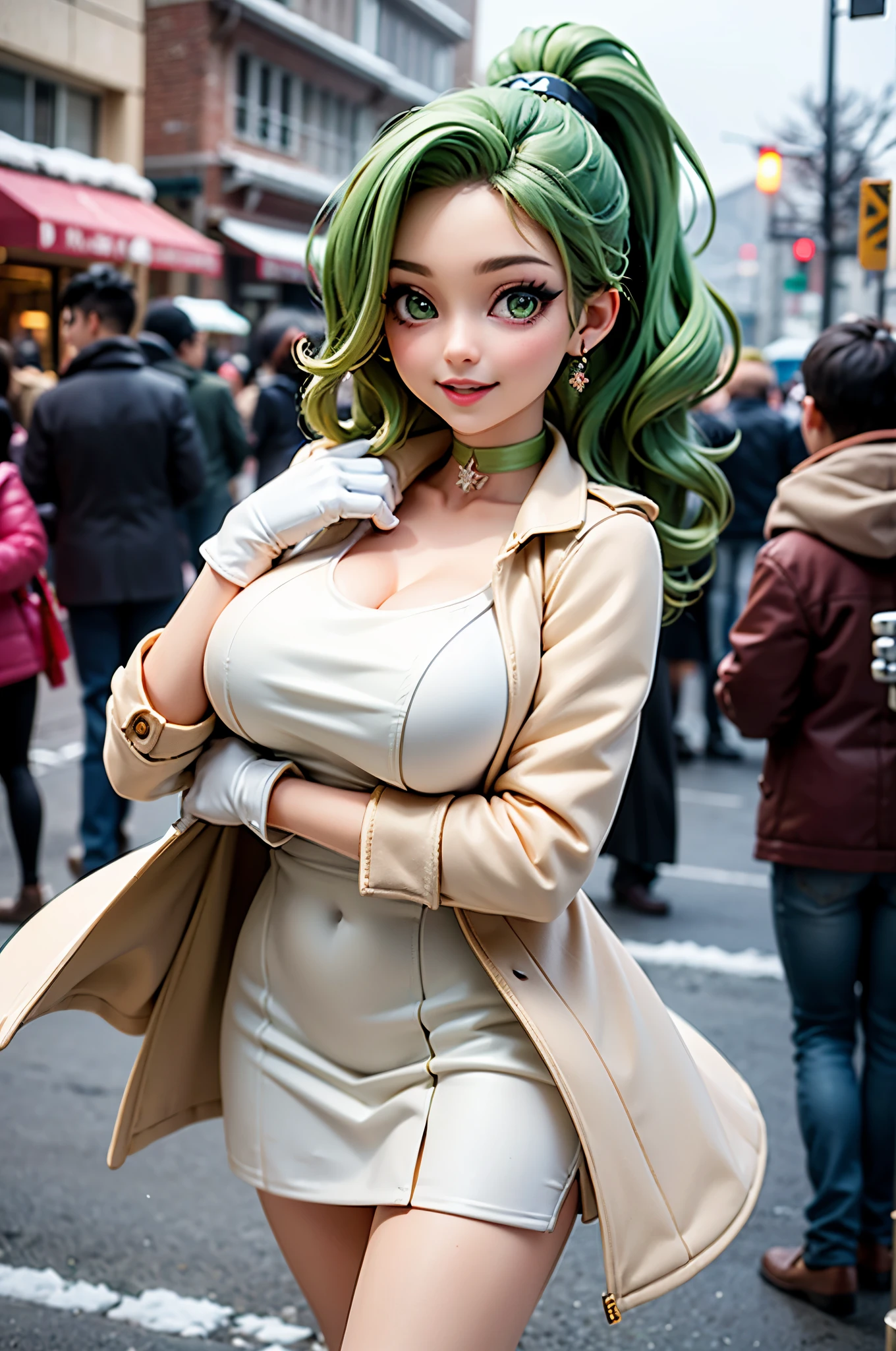 Female((40year old)), hair((long wavy, cream)), eyes((smart eyes, green eyes)), clothes((satin, dress, coat, light green)), accessories ((ponytail, chocker, gloves, )), big , gigantic breast, korean make-up look, street, smiling, winter, snow flake, snow,