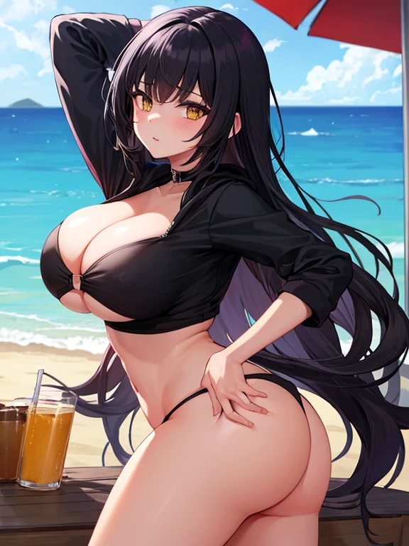 1girl tomboy have a white short messy hair yellow eyes wear black bikini wear crop top hoodie on the beach huge breast fat ass hard nipple