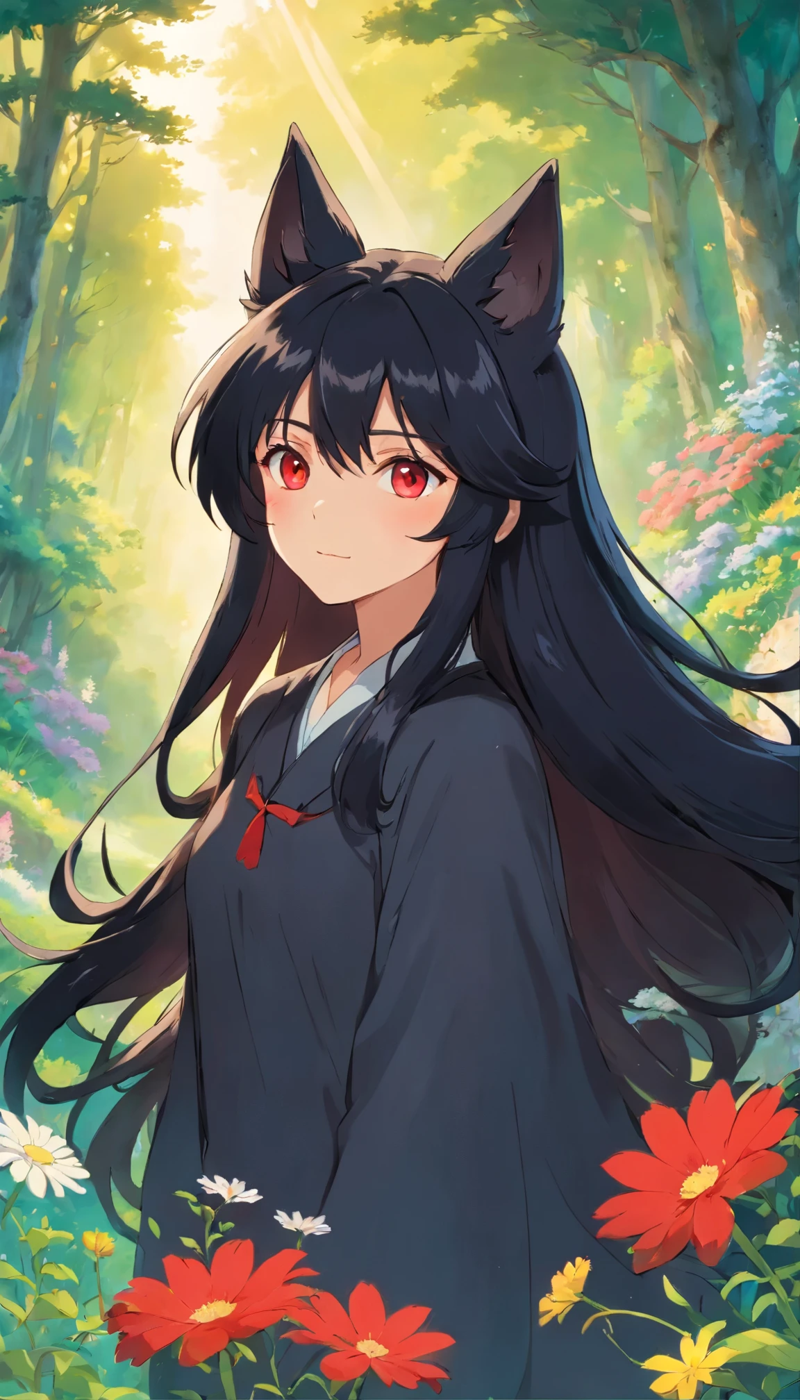 《long black hair, red eyes, werewolf, black wolf ears, black tail, in a picturesque landscape, dripping sunlight, flowers flying, whispering winds of pleasure.》