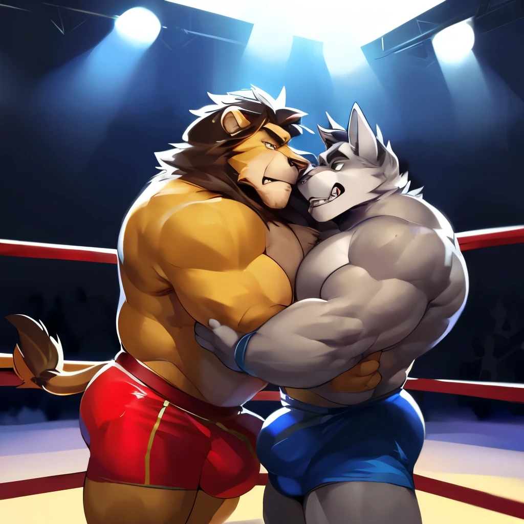 Duel, male, muscular, giant, intense staredown, enormous, buff, strong, massive biceps, massive pecs, Grey Wolf vs Lion, wearing boxers, massive bulges, bulge touch, angry, by darkgem, by mystikfox61, by glitter trap boy, wrestling ring