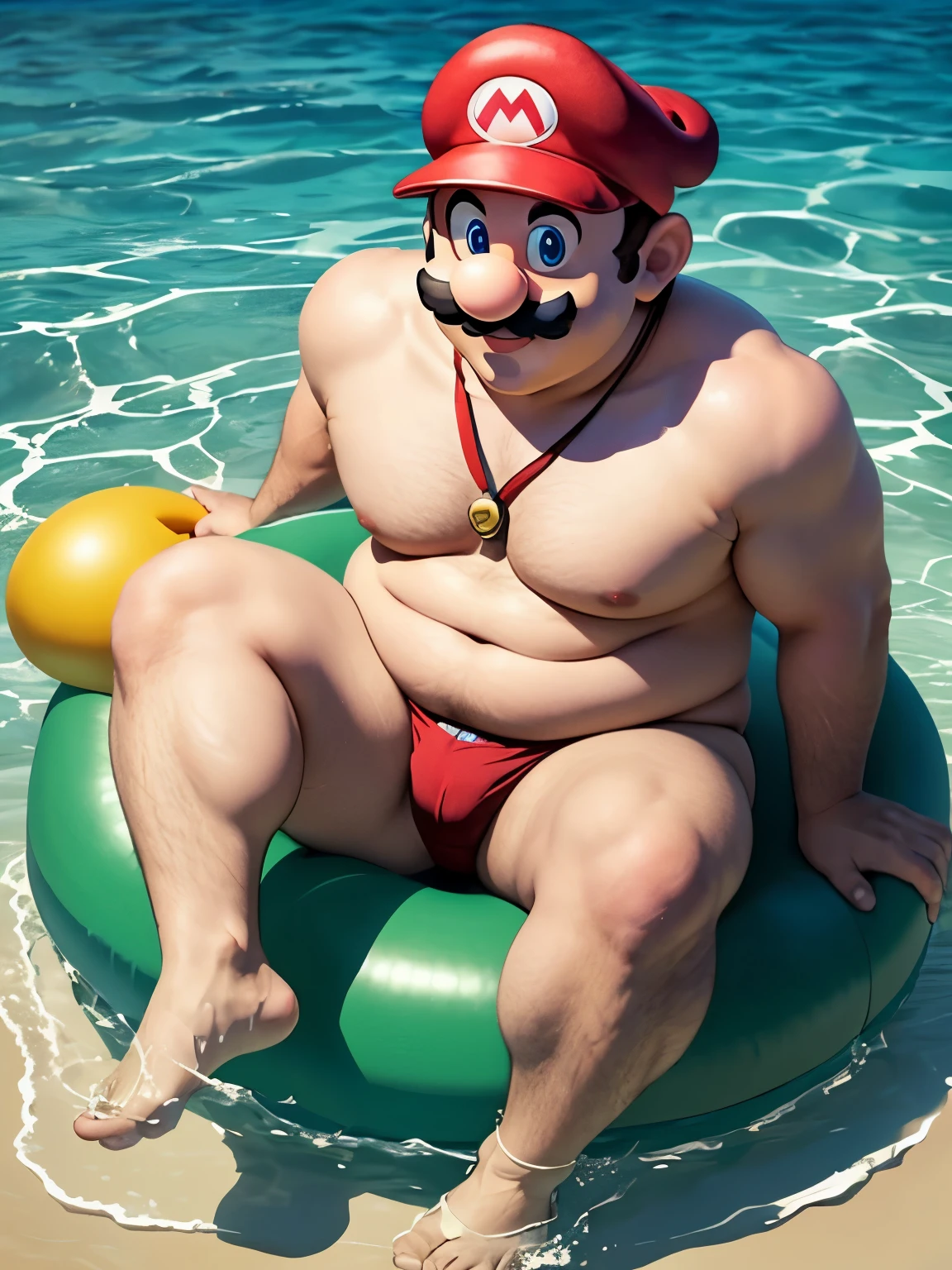 super mario, with red cap with M, blue eyes, brown mustache, brown short hair, fat body, fat arms, fat legs, fat belly, chubby, short atms, shirt legs, big feet, Nintendo style, wearing a red thong, sitting on a green float, floating in the sea with an island behind, no shirt, smiling