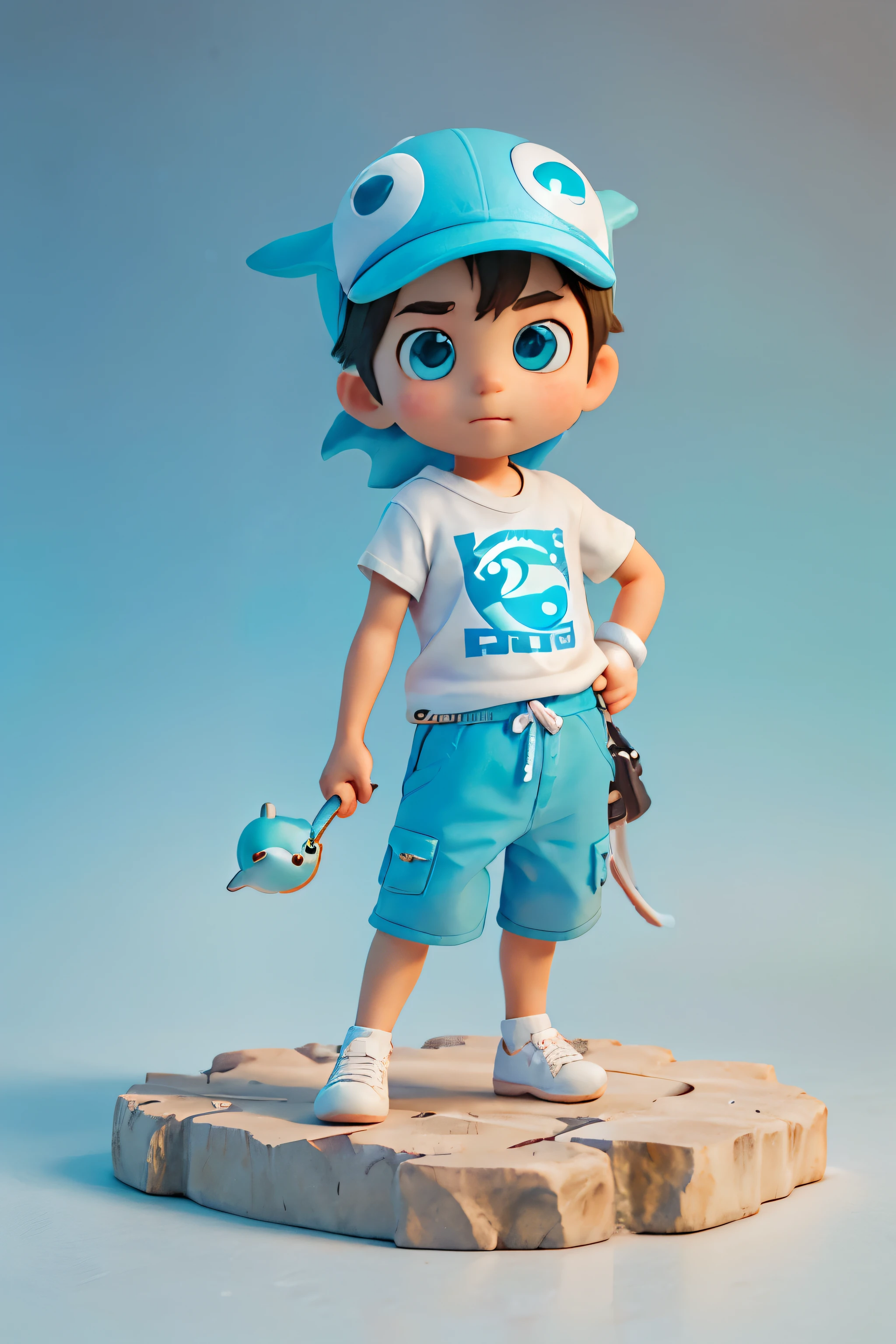 Super cute boy IP，estilo de mercado de burbujas，holding small fish in hand，Dolphin hat，the ocean，pastelcolor，Modelos，un juguete de caja ciega，clean backdrop，fachada，3Drenderingof，La mejor calidad de imagen，4k，Fondo blanco transparente，