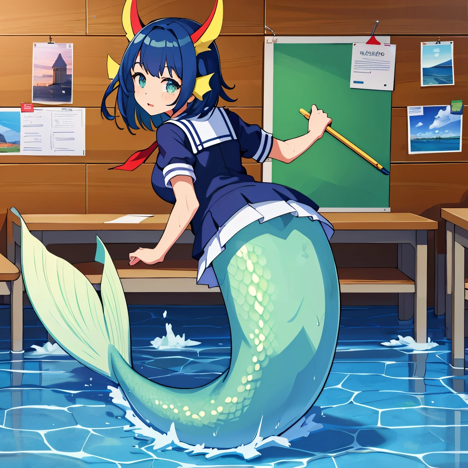 1girl, mermaid, medium breasts, medium length hair, best quality, masterpiece, wallpaper, highres, 4k, 8k, 16k, school outfit, (classroo)), wet, school,
