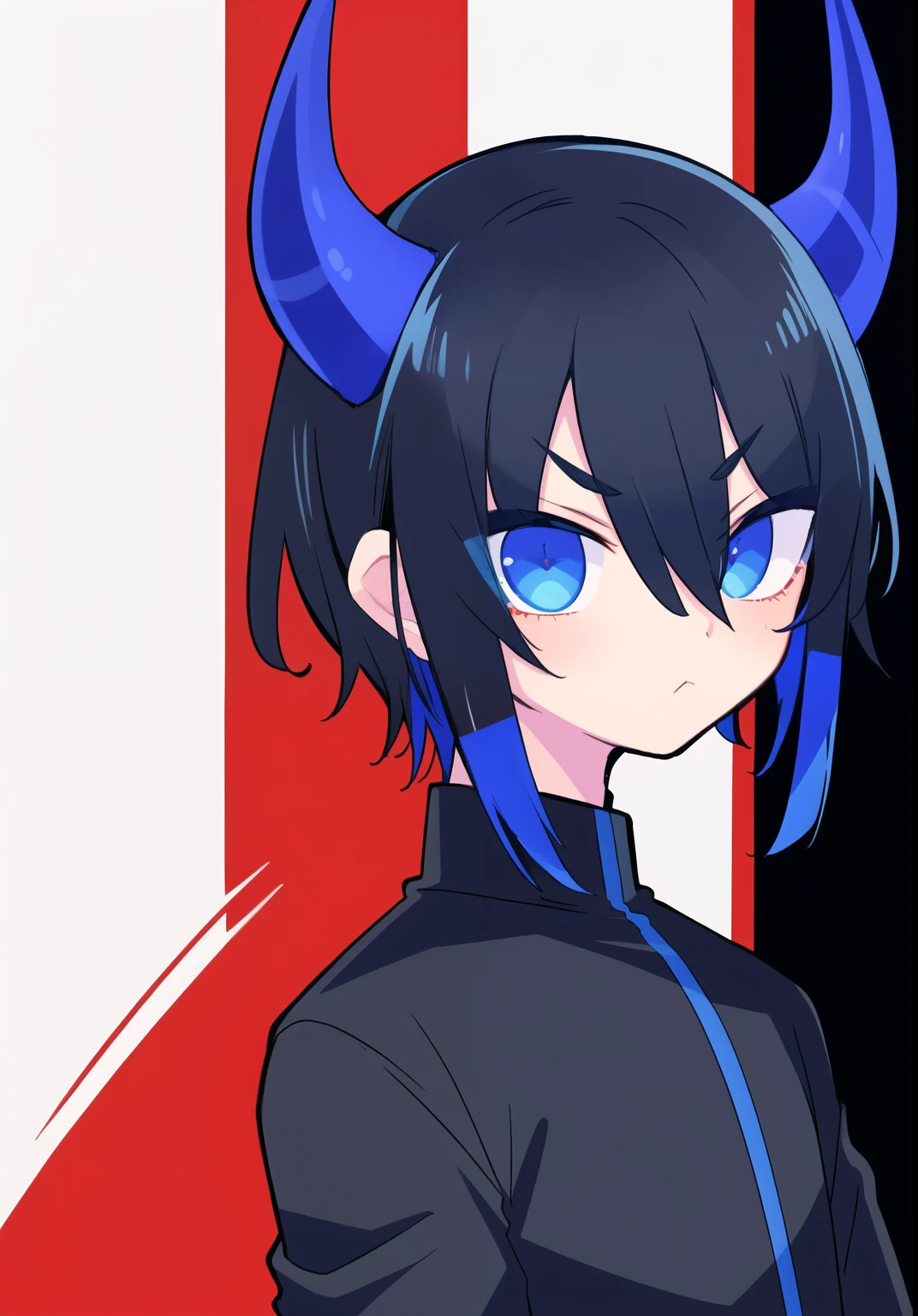 (best quality,ultra-detailed,vibrant colour),solo,1boy,black hair,blue eyes,slit pupil,long bangs,blue horns,black clothes,detailed clothes,standing, >:|