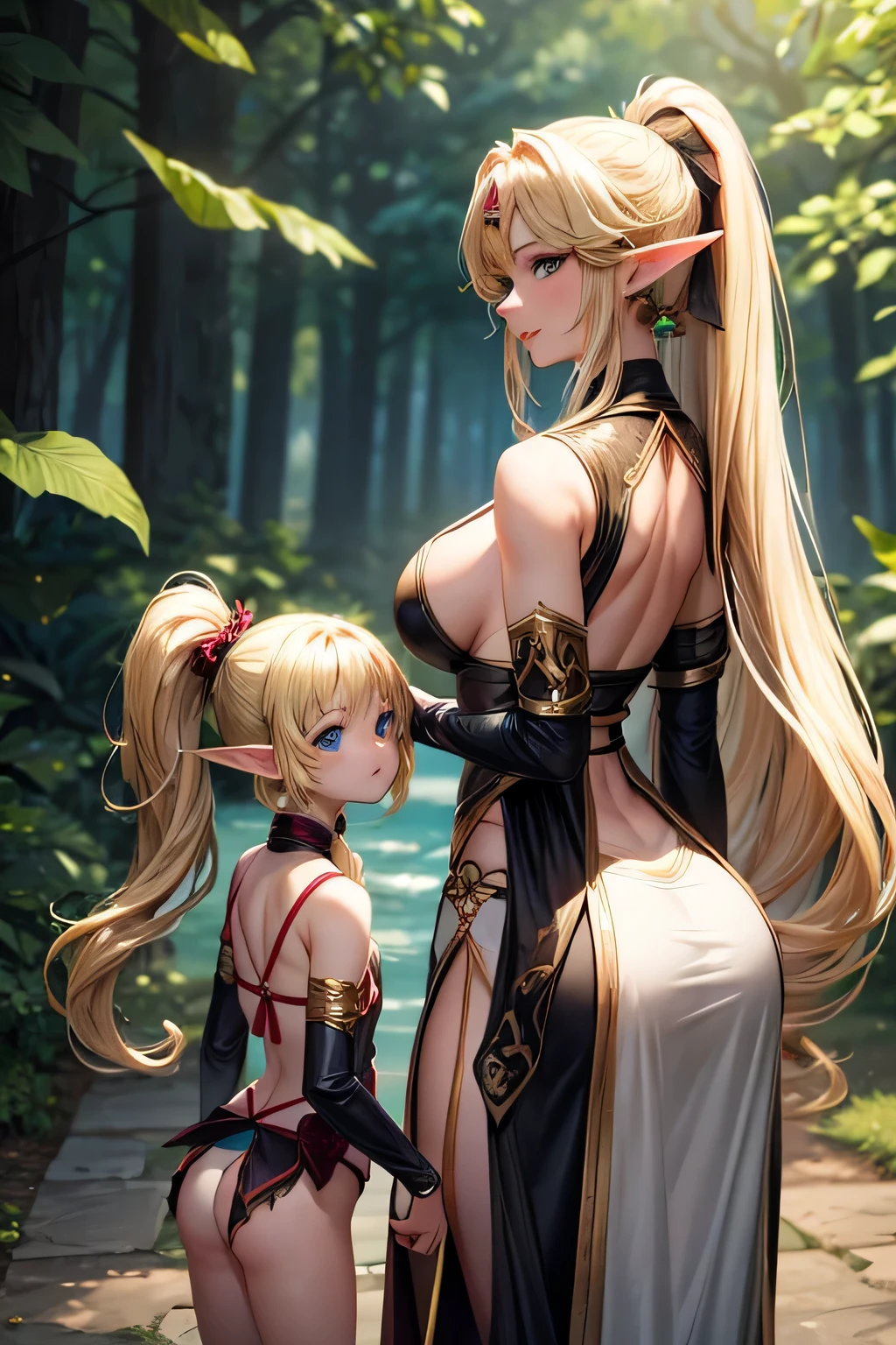 make sexy elf mom with her daughter, they has blonde, beautiful, very long, and big ponytail. generate them from backside where i can see her ponytail