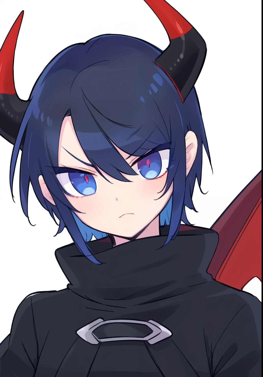 (best quality,ultra-detailed,vibrant colour),solo,1boy,black hair,blue eyes,slit pupil,long bangs,dragon horns,black clothes,half body,silver ornates, >:|