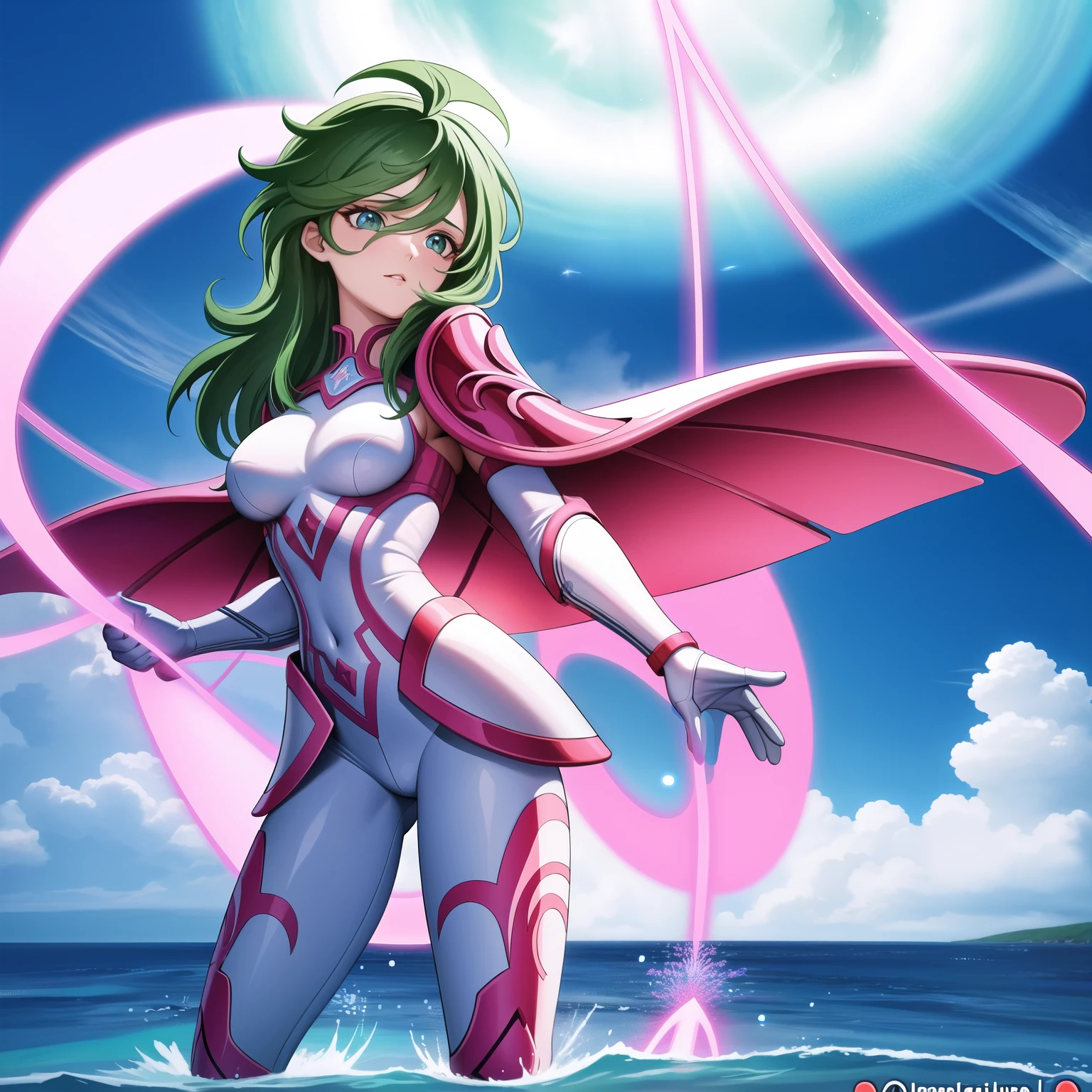 obra de arte, melhor qualidade, high resolution, Sozinho, 1 garota, Knights of the Zodiac, olhos verdes, cloudy sky,luvas sem dedos,medium breasts, capacete, bengalas, eletricidade,energia ,