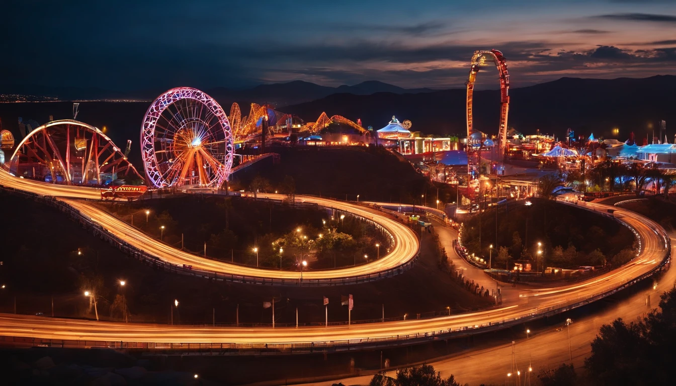 Make me a theme park with rollercoasters with the theme of a Hot Wheels race track. Racing on the track are sports cars from the 1920s-2020s. There's a Massive Neon Sign with "Fast Wheels" flashing on it. It stands in the middle of 4 rollercoasters, with 144 cars across the 4 rollercoasters. There is an entire city within enveloping the 4 rollercoasters. 12 million people live in this city.