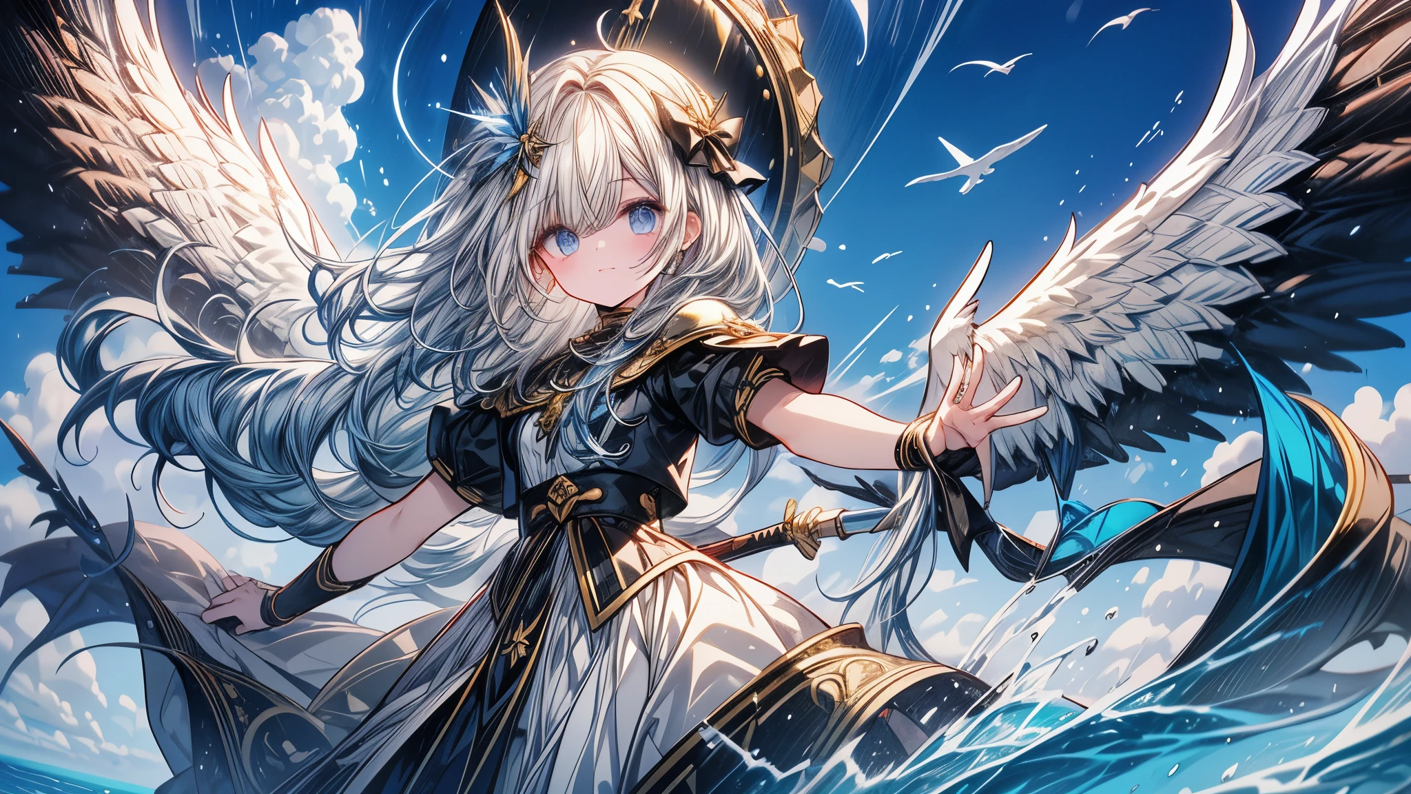 Obra maestra、Cabello amarillo、cola de caballo、adorno de pelo de plumas、ojos delicados、ojos azul claro、Armadura azul、espada occidental、Lion Shield、cara seria、alas blancas、Todo el cuerpo