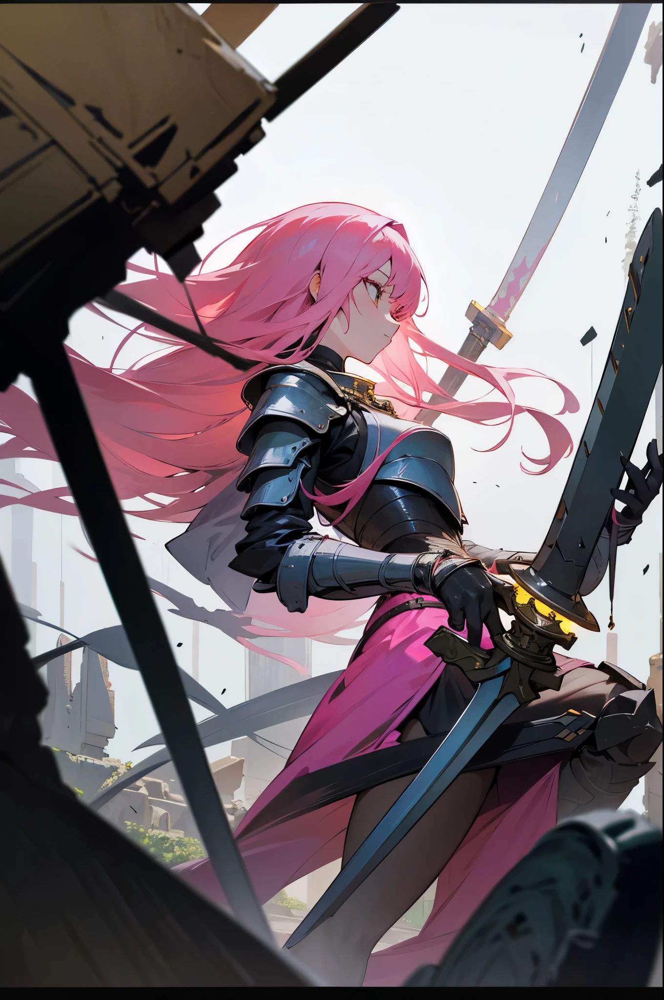 1 Girl Slim Small Long Pink Hair, Black and yellow armor wears a two-handed sword, Fight monsters in a ruin, UHD, masterpiece, anatomically correct, high quality, high details, highres, best quality, 8k