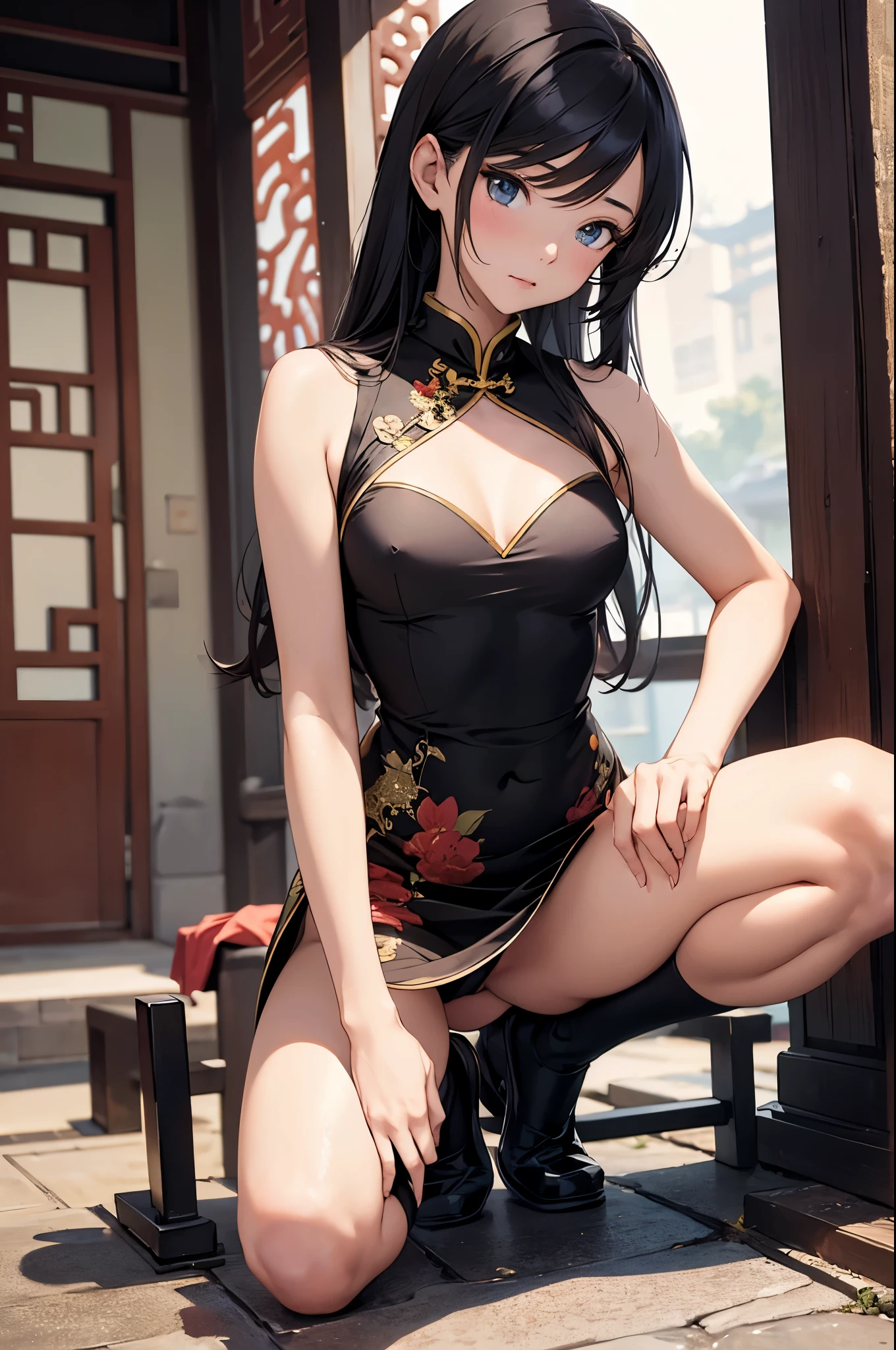 a sexy woman, (best quality), (masterpiece), (1girl), slim, anime, tall, (flat chested), (chinese dress), (half squat pose)