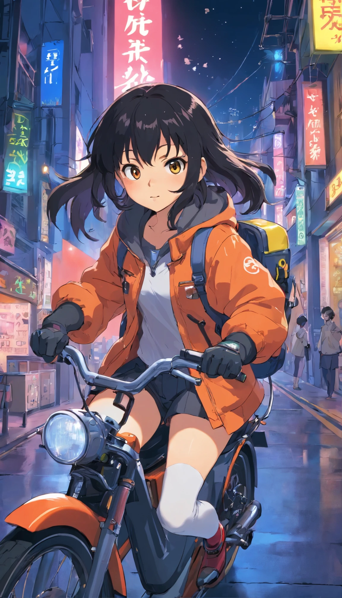 masterpiece, best quality, 1girl, solo, jacket, , serafuku, thighhighs, wearing gloves, wearing backpack, black hair, black eyes, cyberpunk, street, machinery, motor vehicle, motorcycle, panorama, wearing helmet, speed line, depth of field, motion blur, perspective, panorama, riding, floating hair, night, neon trim, hand on hand grip,