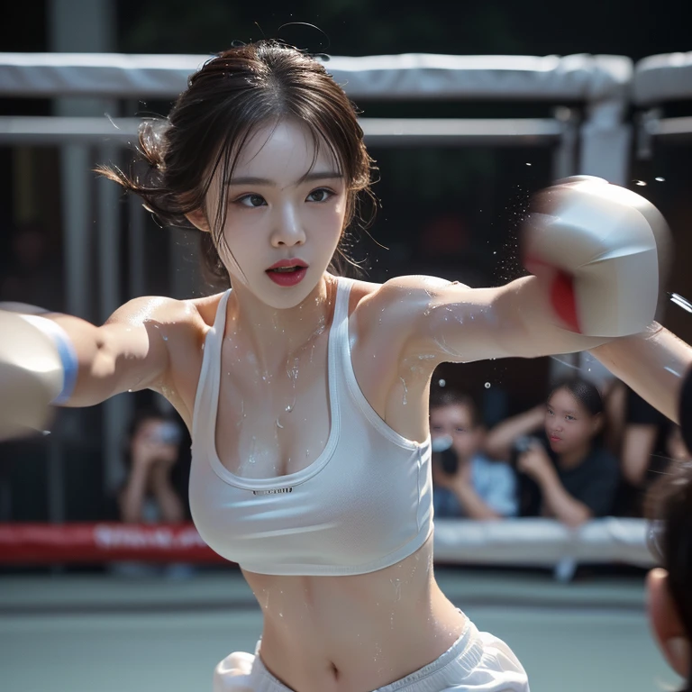 (highest quality、8k、High resolution、masterpiece:1.*****ung and beautiful woman、Big Breasts、(Fistfight)、(Punching at the camera:1.5)、Quick Movement、(Motion Blur Effect:1.5)、(Looking at the camera:1.2)、(Body wet with sweat)