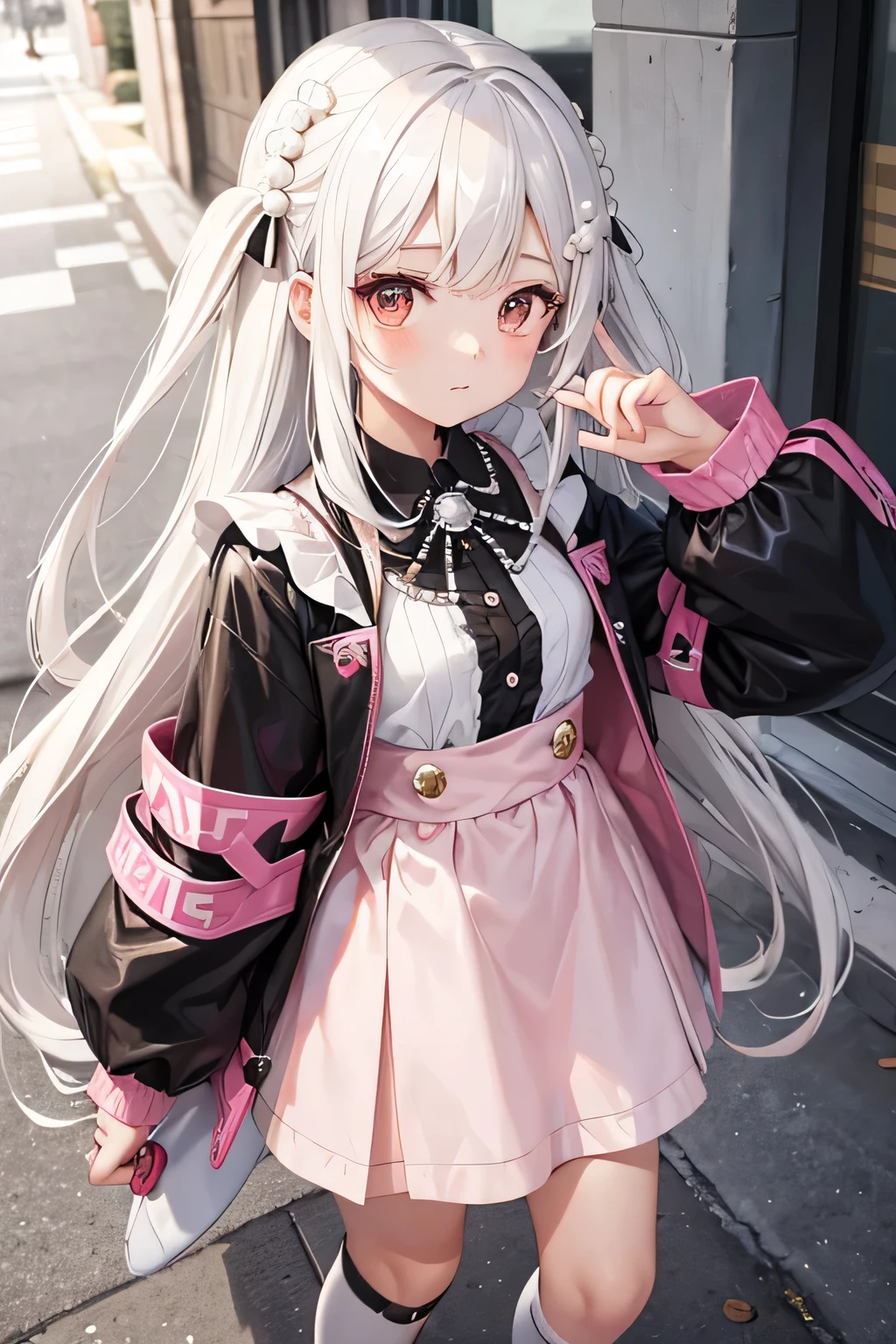 Cute Girl, Long White Hair, Brown Eyes, Black-White-Pink Street Gang Outfit, Many Pearls in outfit, Pearl Hairclips.