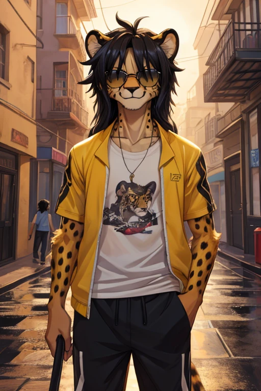Cheetah, antro, male, solo, non-human, street clothes, Rain, younger, 20 years old, taller, messy hair, cheetah face, slim body, cheetah tail, sun glasses, black hair, little smile, furry, camiseta color amarillo, pantalon negro, ropa informal, chaqueta negra, cheetah face, street, like hands, long hair, one piece shirt,