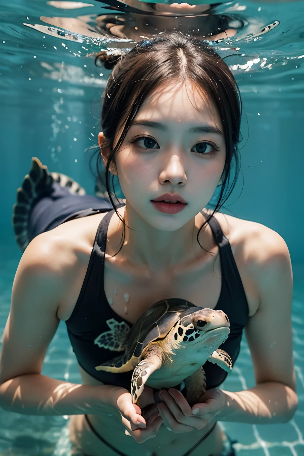 （Realistic, photo-Realistic:1.37),(8K, RAW Photos, Highest quality, masterpiece:1.2), cute, Ultra-detailed, 超High resolution, Kodak Vision Color, Filmed with an Arricam LT camera,Highest quality, Lively, 8K, High resolution, 1 girl, Escape, (Professional Lighting), (Portraiture:0.6), Brown Hair,21 years old、slender、Japanese、masterpiece, beautiful, elegant、Upper body close-up、Sing happily、Top view、Ultra-fine detail, masterpieces, Realistic texture, Realistic Cinematic Lighting, Perfect job, 8K, High resolution, There are a lot of sharks、shark is swimming、Sea Turtle、Topless、Nipples are visible、 Adventurous divers exploring colorful coral reefs, Crystal clear waters teeming with marine life, Amazing underwater world,