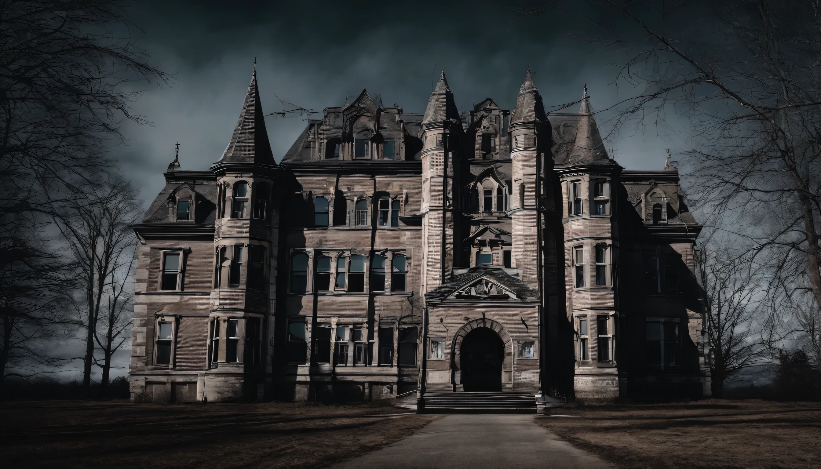 facade of a sinister psychiatric hospital, horror film photography