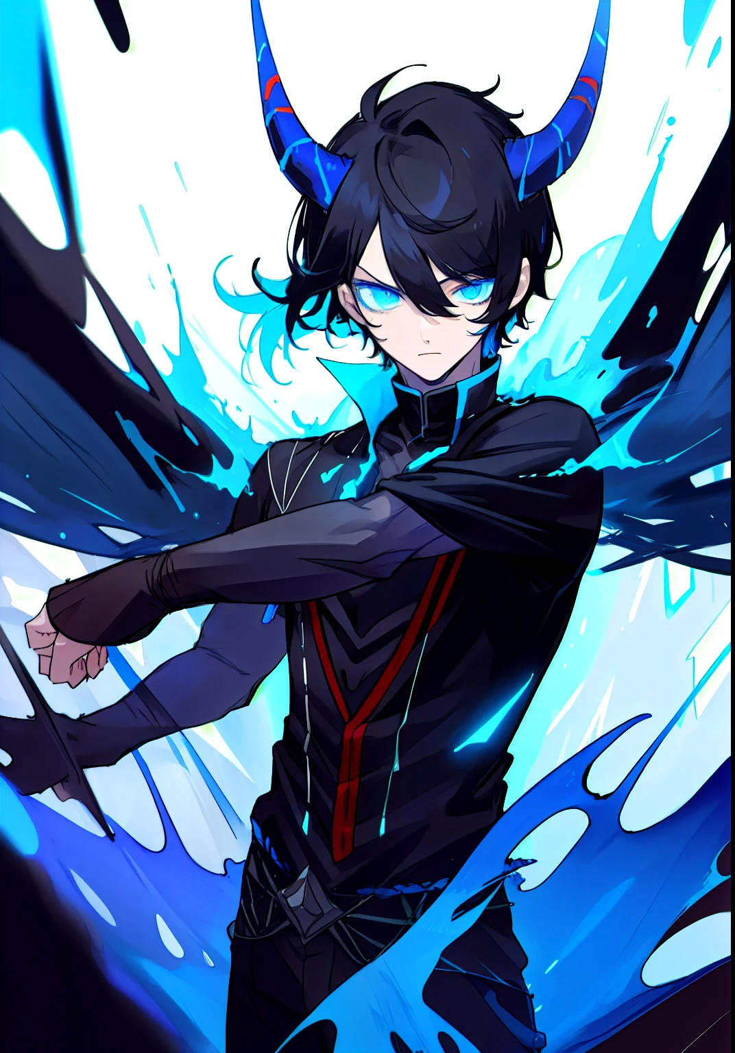 (best quality,ultra-detailed,vibrant colour),solo,1boy,black hair,blue eyes,slit pupil,long bangs,blue horns,black clothes,detailed clothes,standing,dynamic pose,ethereal atmosphere,glowing effects