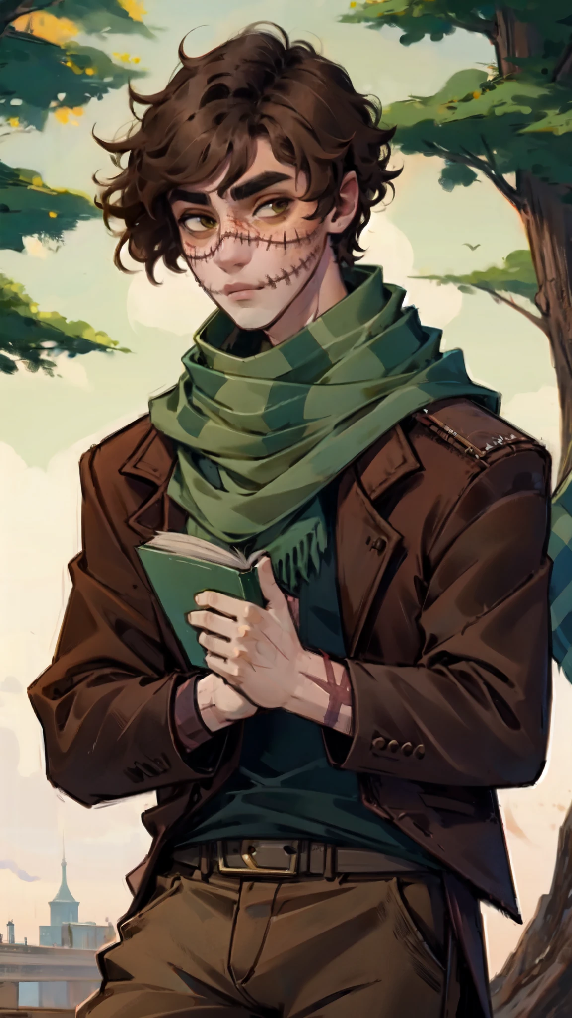 short brown hair, man with scarred face, stitches, striped scarf, brown pants, holding book 