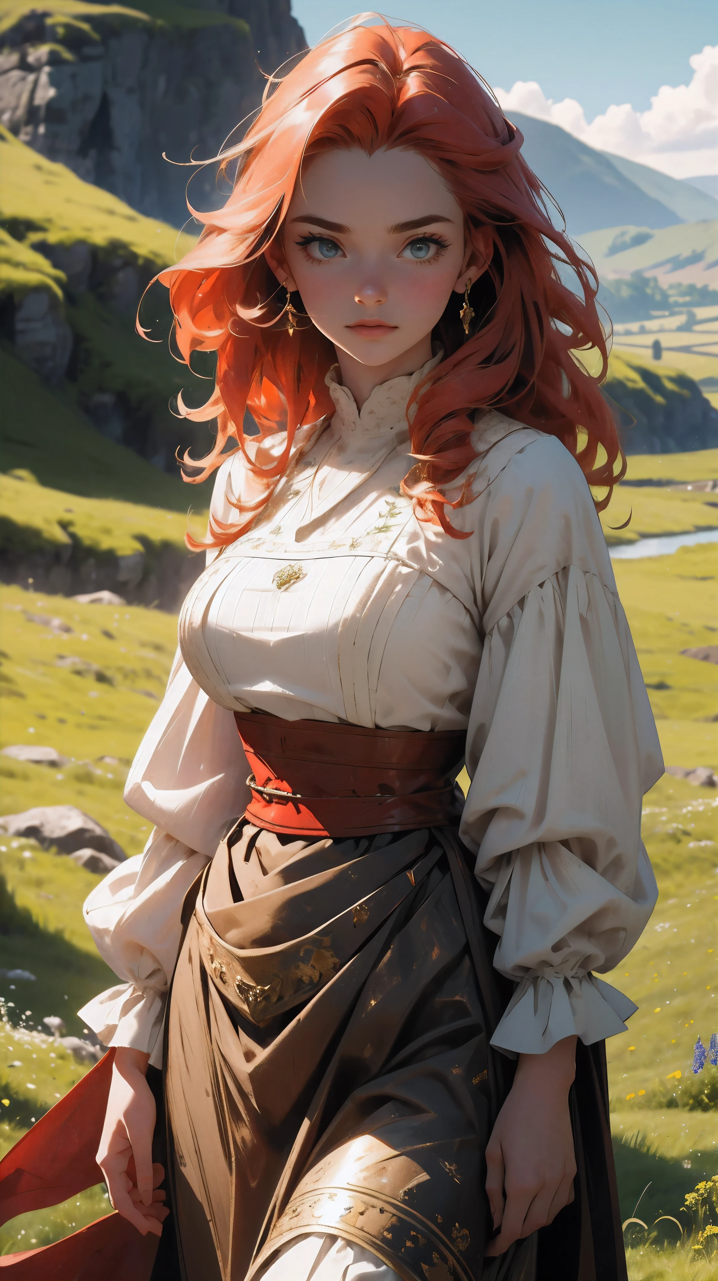 (best quality,4k,8k,highres,masterpiece:1.2),ultra-detailed,(realistic,photorealistic,photo-realistic:1.37),A woman of Irish descent with fiery red hair, wearing an ancient traditional Irish dress. She is positioned amidst the picturesque nature of Ireland, showcasing verdant green fields, rolling hills, and a clear, azure sky overhead. Amidst this natural beauty, she stands out, a symbol of Ireland's rich culture and history.