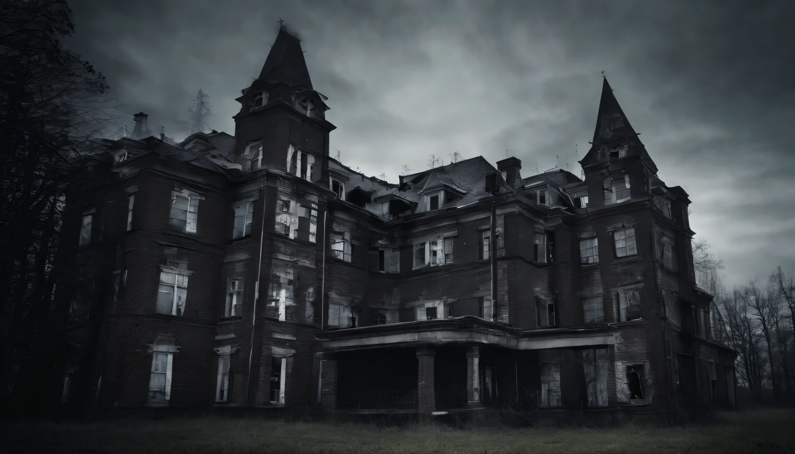 facade of a sinister psychiatric hospital, horror film photography