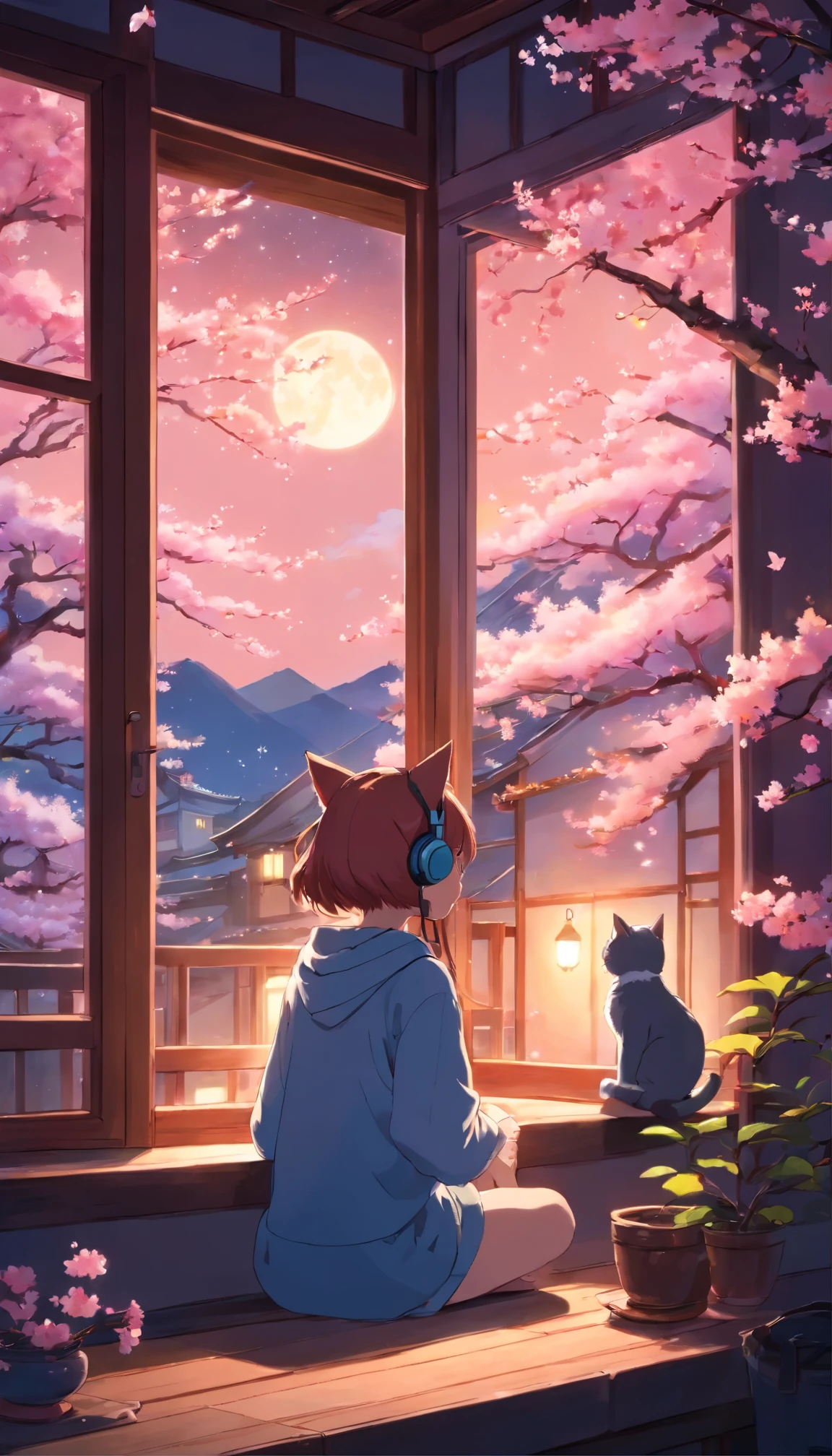 a young girl in her room sitting next to the window listening to music on her headphones, ((cat ears)), outside the window are cherry blossom trees under a starry night sky. Capture the beauty and serenity of this scene, with the blossoms softly lit by moonlight. japan