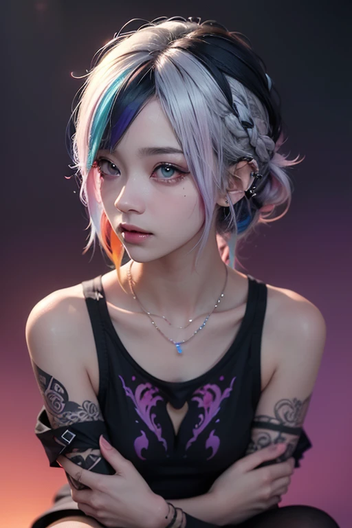 (Punk Girl:1.4), mullet hairstyle, Beautiful eyes with fine symmetry, (Colorful gradient hair:1.5), (Intricate details:1.2), (Highly detailed face and eyes:1.2), No makeup, (dark circles:1.1), midnight aura, urban, posing sitting for a photo, side view, full body photo, (Delicate images), (Raw photo: 1.2), (Photorealistic: 1.6), (Highly detailed), (high resolution), (Best quality), (masterpiece)
