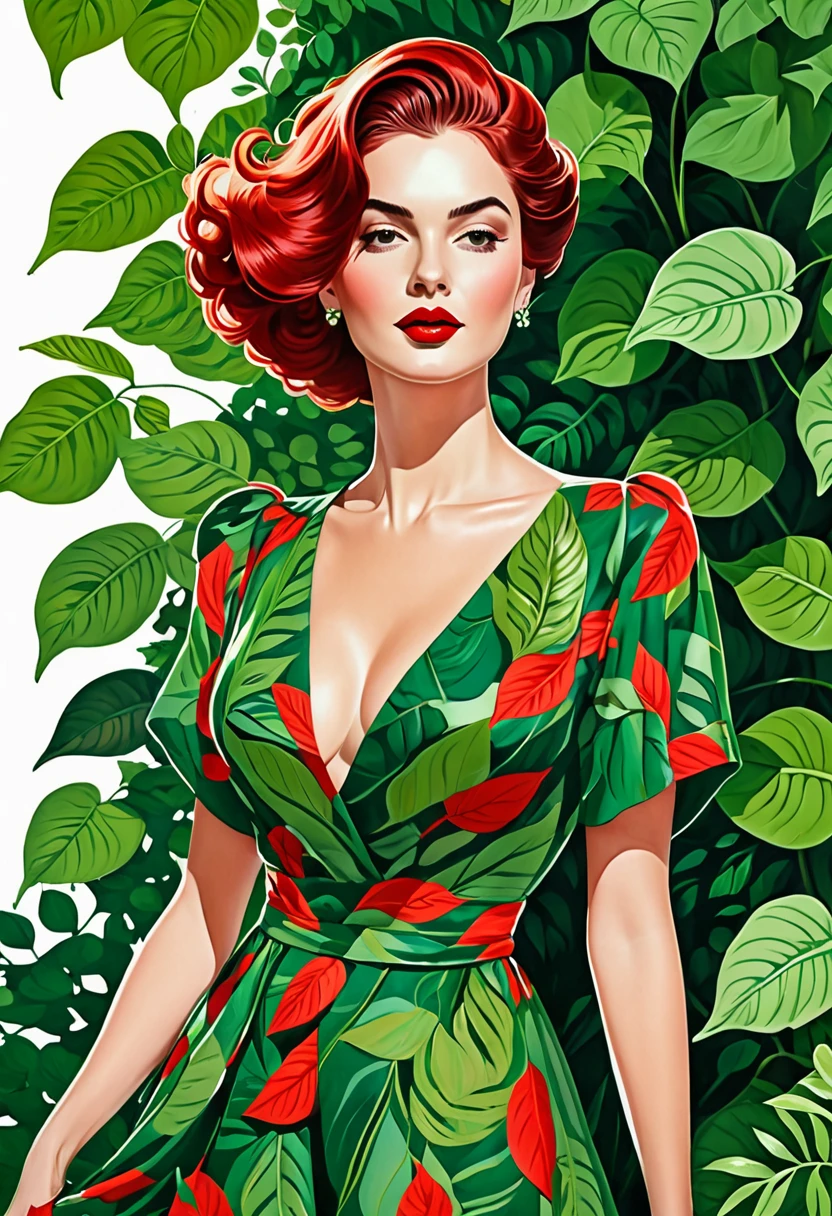 Une illustration magnifiquement dessinée d’une femme aux cheveux rouges, porter une robe verte, and surrounded by green leaves. The woman has a prominent neckline, and her hair is styled&#39;a way that completes your outfit. L&#39;image capture l&#39;élégance et le charme de la femme, which makes it a work of&#39;art attrayante.