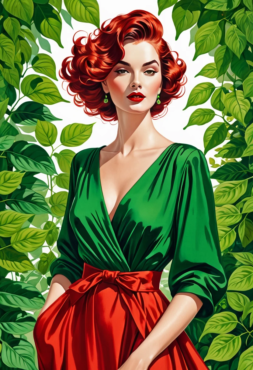 Une illustration magnifiquement dessinée d’une femme aux cheveux rouges, porter une robe verte, and surrounded by green leaves. The woman has a prominent neckline, and her hair is styled&#39;a way that completes your outfit. L&#39;image capture l&#39;élégance et le charme de la femme, which makes it a work of&#39;art attrayante.