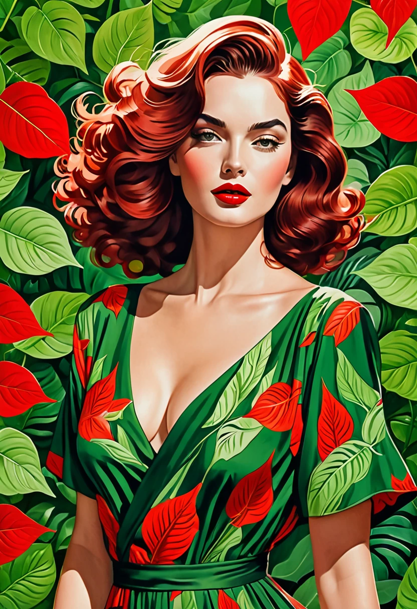 Une illustration magnifiquement dessinée d’une femme aux cheveux rouges, porter une robe verte, and surrounded by green leaves. The woman has a prominent neckline, and her hair is styled&#39;a way that completes your outfit. L&#39;image capture l&#39;élégance et le charme de la femme, which makes it a work of&#39;art attrayante.