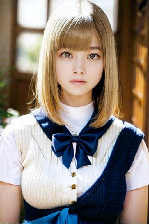 (masterpiece:1.2, highest quality), (realistic, photorealistic:1.4), beautiful illustrations, (natural side lighting, movie lighting), Depth of written boundary,
looking at the viewer, (face focus, Upper body), Front view, 1 girl, English, high school girl, 15 years old, perfect face, Cute symmetrical face, shiny skin,
(bob hair:1.7,blonde), asymmetrical bangs, Big eyes, droopy eyes, long eyelashes chest), thin,
beautiful hair, beautiful face, fine and beautiful eyes, beautiful clavicle, beautiful body, beautiful breasts, beautiful thighs, beautiful feet, beautiful fingers,
((fine fabric texture, Brown knitted vest, short sleeve white collar shirt, navy pleated skirt, Navy bow tie)),
(beautiful scenery), evening, (Inside the flower shop), Are standing, (smile, Upper grade, open your mouth), (((skirt lift, I can see your panties)))