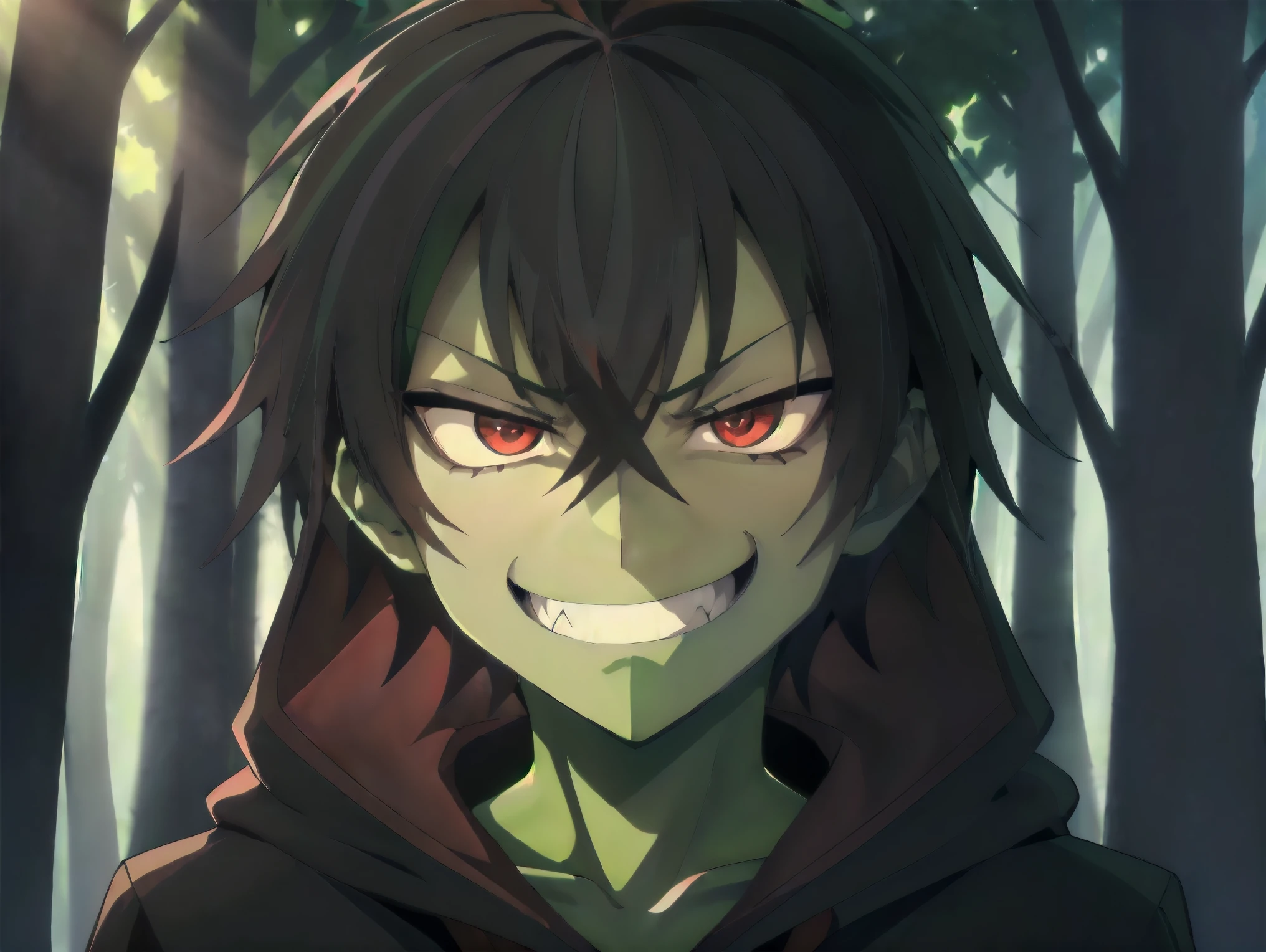 ((((Green skin toon)))), distance view, (((1Boy))), (((short black hair))), (((red ligth eyes))), ((Wearing a hooded cloak covering the hair)), (((Evil grin))), (((Into the forest))), ((best quality)), (detailed), ((style novel)), beautiful cores, ((anime_Colores)), (Solo)