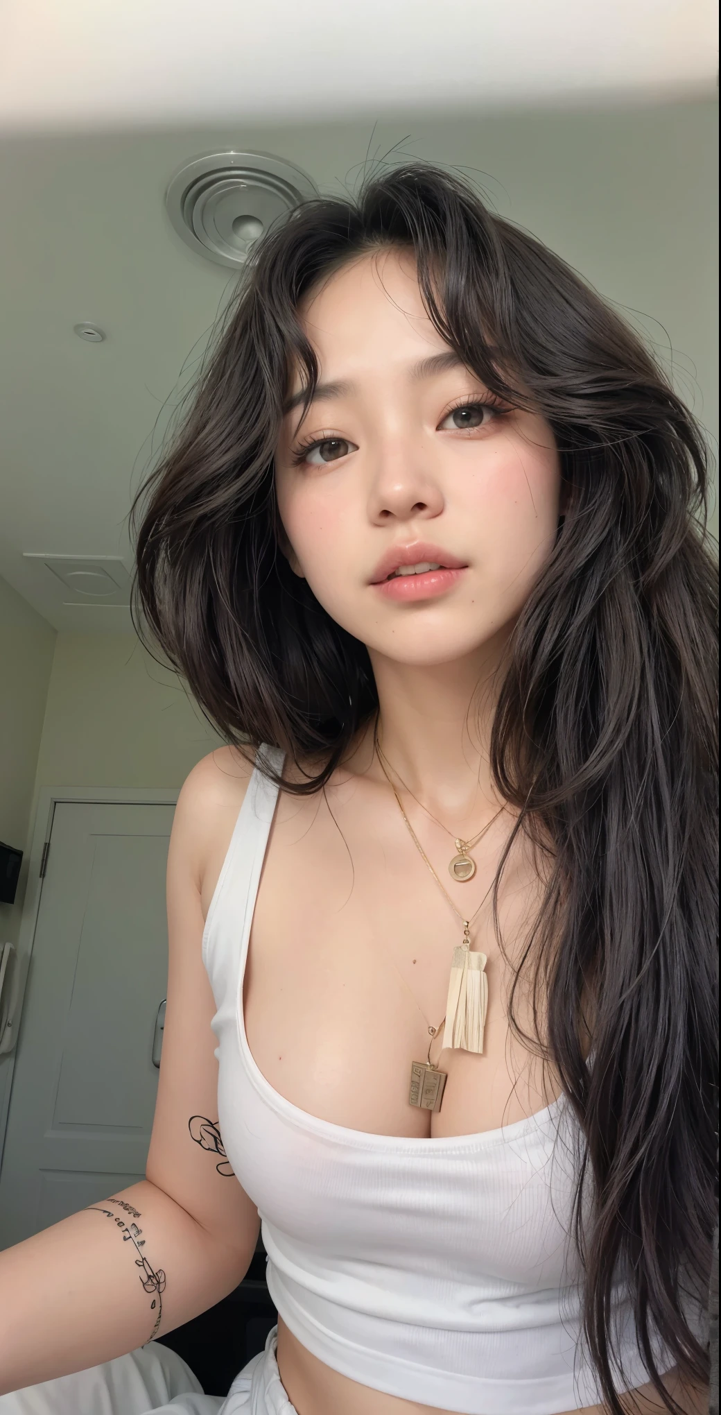 there is a woman with long hair and a white blouse, Retrato de jennie kim, black pink, lindo corpo e rosto detalhados, modelo do instagram, com cabelos longos e olhos penetrantes, pale and glowing skin, beautiful fine facial features, olhar sensual, 🤤 retrato de , her face looks like an orchid, kim jennie face, 2 modelo feminino de 4 anos