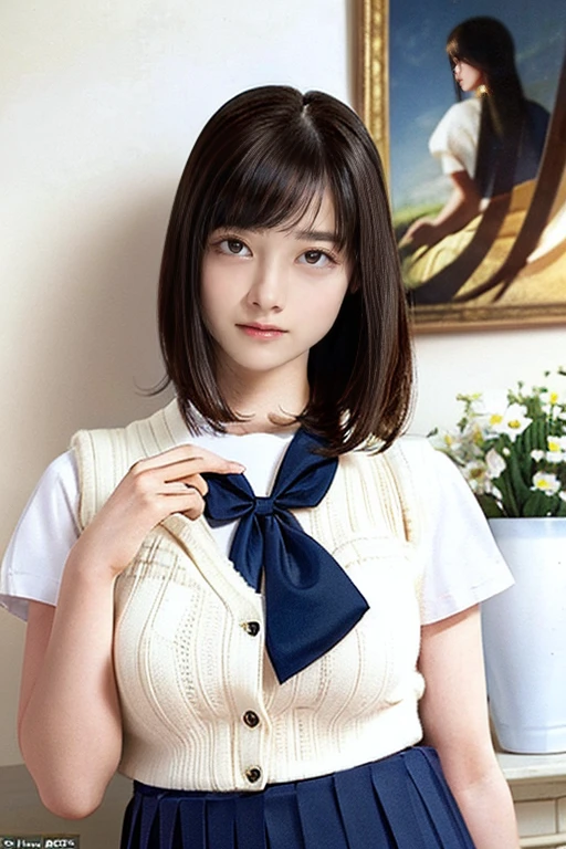 (masterpiece:1.2, highest quality), (realistic, photorealistic:1.4), beautiful illustrations, (natural side lighting, movie lighting), Depth of written boundary,
looking at the viewer, (face focus, Upper body), Front view, 1 girl, English, high school girl, 15 years old, perfect face, Cute symmetrical face, shiny skin,
(bob hair:1.7,blonde), asymmetrical bangs, Big eyes, droopy eyes, long eyelashes chest), thin,
beautiful hair, beautiful face, fine and beautiful eyes, beautiful clavicle, beautiful body, beautiful breasts, beautiful thighs, beautiful feet, beautiful fingers,
((fine fabric texture, Brown knitted vest, short sleeve white collar shirt, navy pleated skirt, Navy bow tie)),
(beautiful scenery), evening, (Inside the flower shop), Are standing, (smile, Upper grade, open your mouth), (((skirt lift, I can see your panties)))