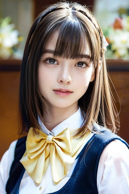 (masterpiece:1.2, highest quality), (realistic, photorealistic:1.4), beautiful illustrations, (natural side lighting, movie lighting), Depth of written boundary, 
looking at the viewer, (face focus, Upper body), Front view, 1 girl, English, high school girl, 15 years old, perfect face, Cute symmetrical face, shiny skin, 
(bob hair:1.7,blonde), asymmetrical bangs, Big eyes, droopy eyes, long eyelashes chest), thin, 
beautiful hair, beautiful face, fine and beautiful eyes, beautiful clavicle, beautiful body, beautiful breasts, beautiful thighs, beautiful feet, beautiful fingers, 
((fine fabric texture, Brown knitted vest, short sleeve white collar shirt, navy pleated skirt, Navy bow tie)), 
(beautiful scenery), evening, (Inside the flower shop), Are standing, (smile, Upper grade, open your mouth),  (((skirt lift, I can see your panties)))