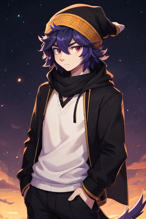 Scaile, Male, antro, Informal clothes, taller, 20 years old, younger, solo, White Scales, Pelo color lila, paleta de colores lila, Black clothes, Scaile, messy hair, Gorro de tela negra,