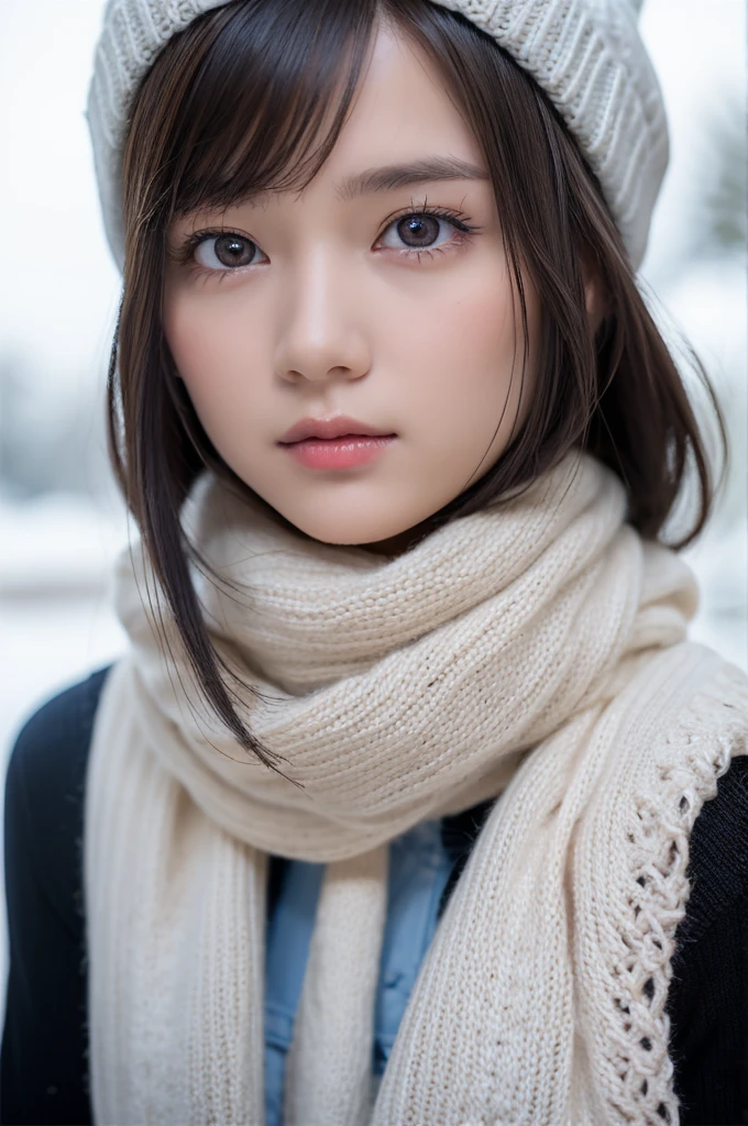 one girl, (a beauty girl, delicate girl:1.3), (:1.3),
break, Browsing Caution, (publish nudes:1.3), (scarf, Knitted hat:1.3),
break, Very fine grain definition, (Symmetrical eyes:1.3),
break, (Snow Scene:1.3),
break, Small breasts, Brown eyes, Parted bangs, Brown Hair,  girl,
break, (Eyes and facial details:1.0),
break, (masterpiece, highest quality, Super detailed, Detailed face, 8k)