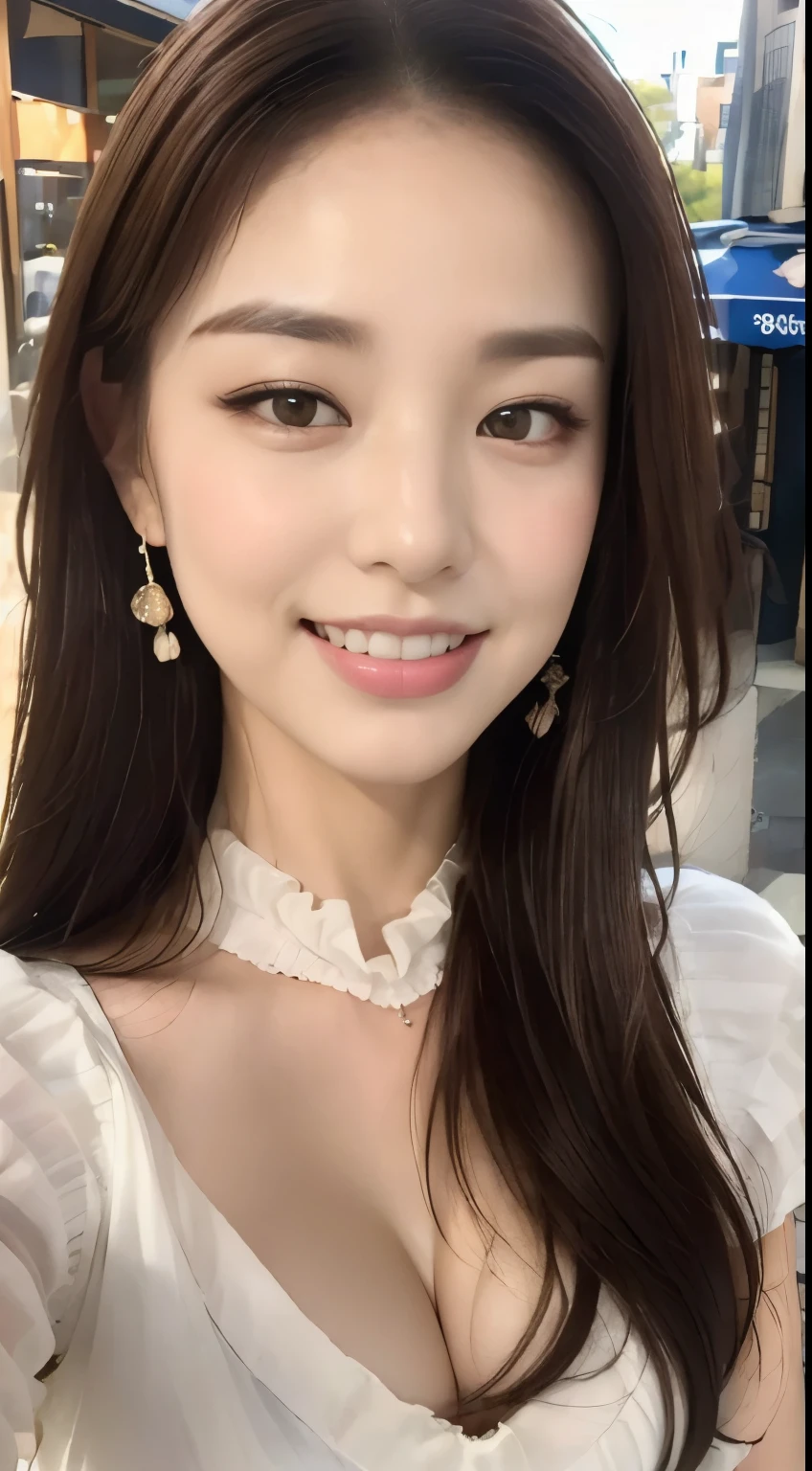 ((highest quality, 8k, masterpiece :1.3)), One Girl, Selfie, close, Very attractive smile:1.3, Slim face, Beautiful woman, (Dark brown hair), Big Breasts:1.3,White ruffled blouse, Highly detailed face, fine grain, double eyelid,  Blur the background, Slim face, city, outside, street, sunny, Cafe, nature