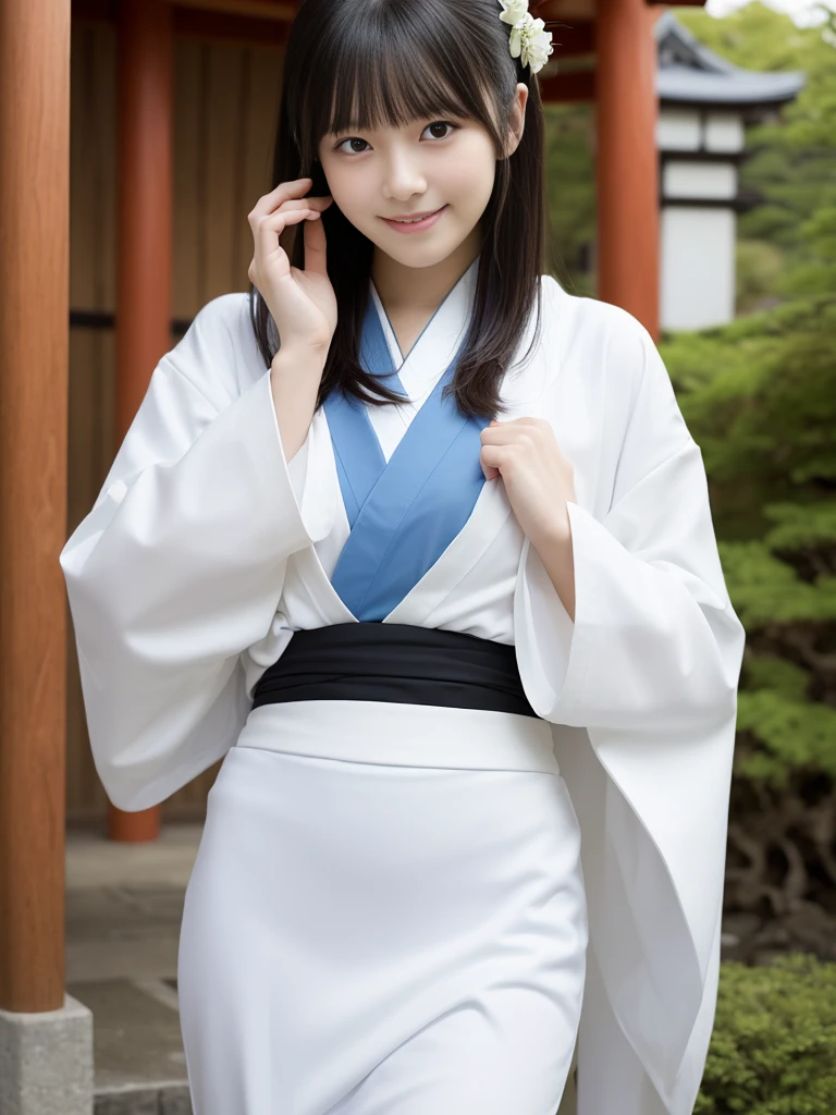 (She wore a white kimono and a long scarlet skirt.、Close-up of a girl with a slim figure, small breasts and long bangs:1.5)、(A girl with a small smile clasping her hands together in the precincts of a Japanese shrine:1.5)、(Beautiful blue sky :1.3)、(Perfect Anatomy:1.3)、(Full Finger:1.3)、(8k:1.3)、Photorealistic photography、Tabletop、highest quality、High resolution、Delicate and beautiful、Perfect Face、Beautiful fine details、Fair skin、Real human skin、((Thin legs))、(Black Hair)