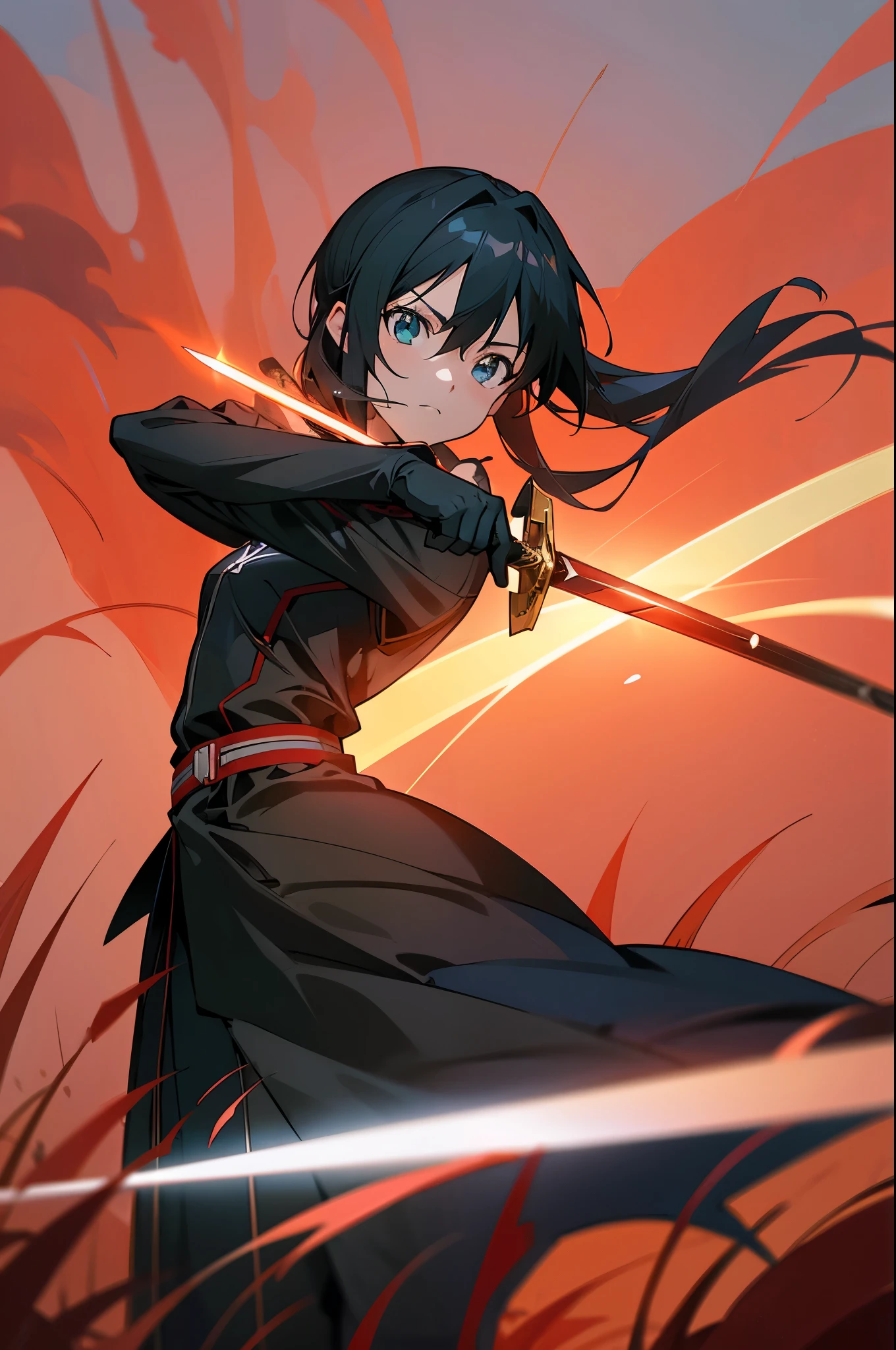 a close up of a person holding a sword in a red field, kirito, sao style anime, sword art online, popular isekai anime, alicization, screenshot from the anime film, still from anime, in the anime film, sao, still from tv anime, 2 0 1 9 anime screenshot, dramatic wielding sword pose, with large sword
