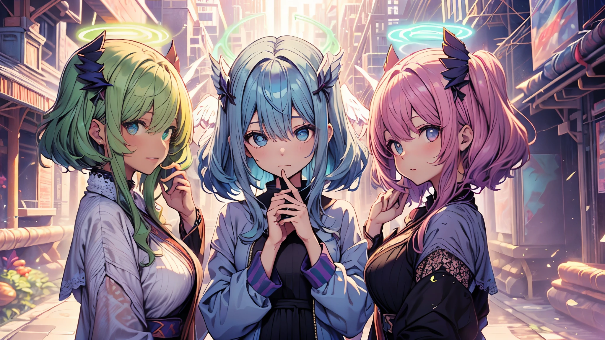 Perlas adornadas con vestidos y accesorios para el cabello de color rosa pastel.、Ren Hao、And hair dyed caramel color.。Con brillantes ojos verdes que juegan inocentemente、ojos detallados, A beautiful girl who is somehow mysterious like an angel., el halo, las alas del angel,