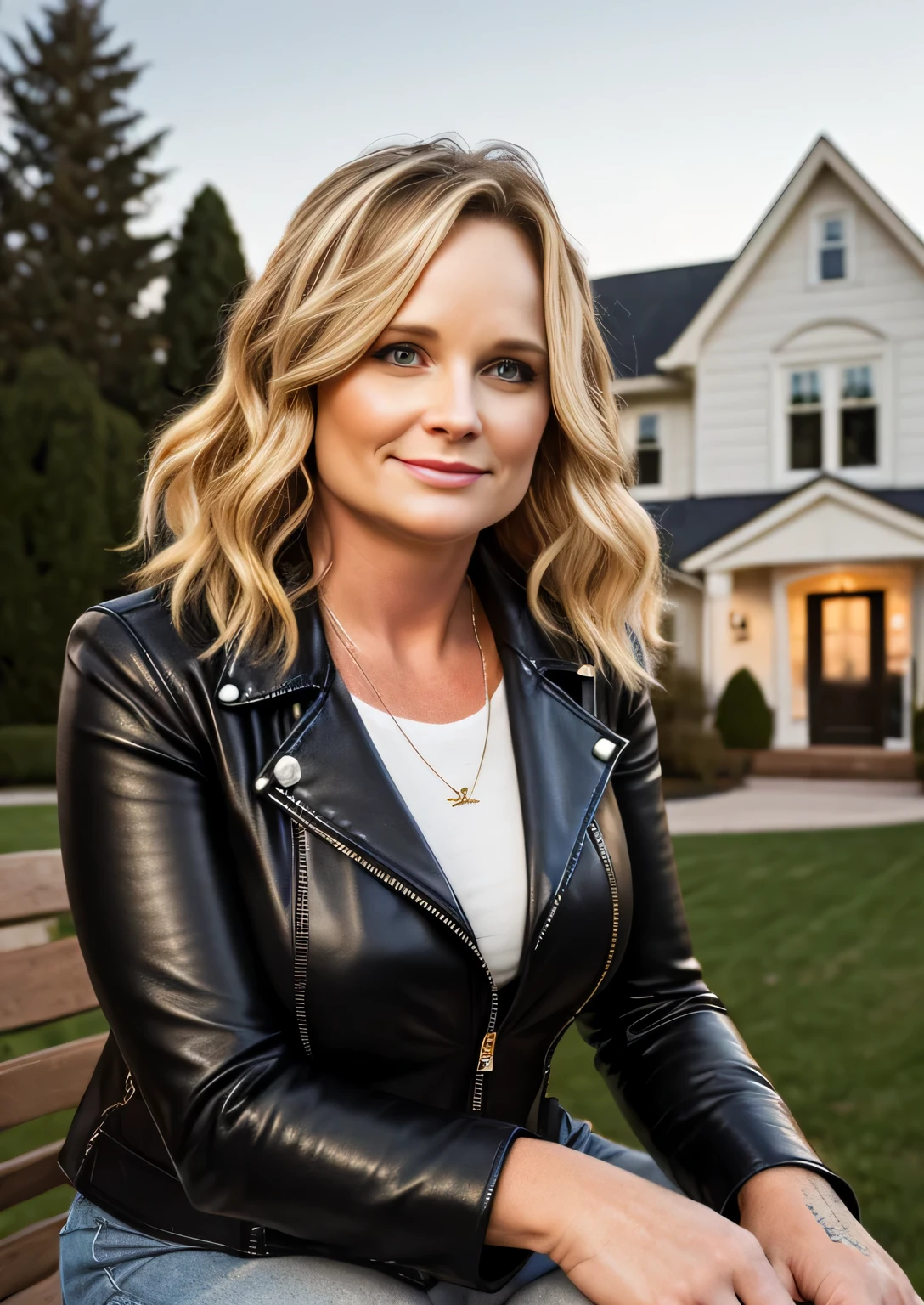 Medium view of aged 50 year old Miranda lambert, face portrait, long hair, sun tanned, tight soft black leather jacket over sweater, chubby woman (SFW), in cozy mansion