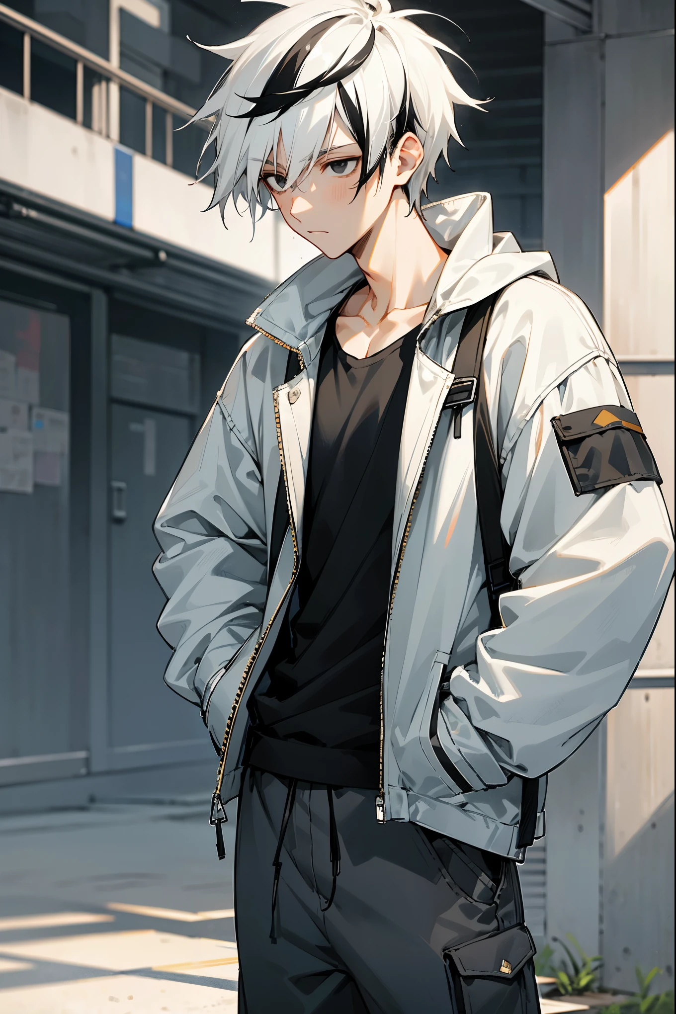 1male, streaked hair, two toned hair, black hair, white hair, messy short hair, black eyes, black tanktop, baggy white jacket, expressionless, park background, detailed face, walking on path, hands in pockets